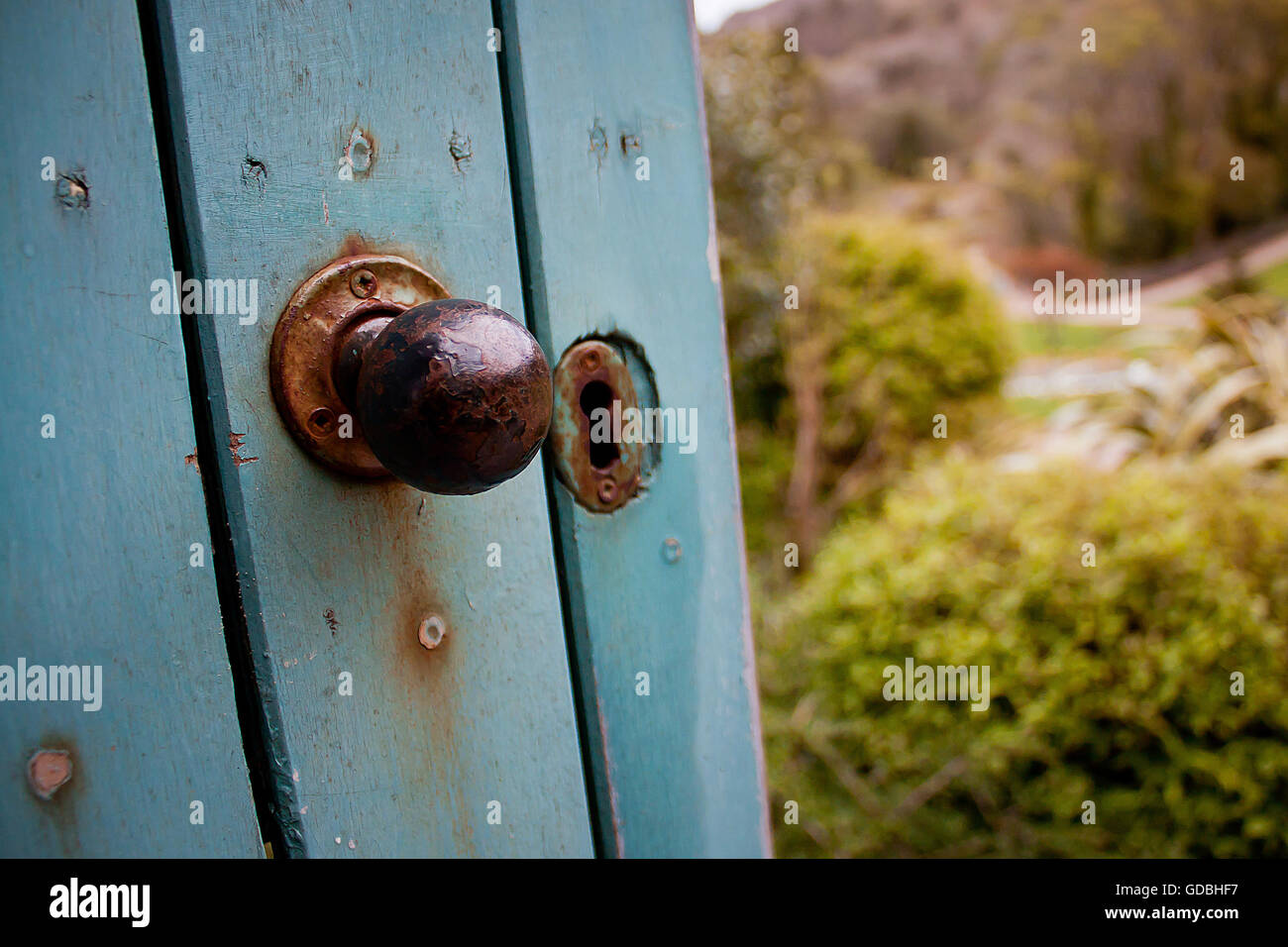 Una puerta abierta da una idea de los jardines que hay detrás. La abadía de Kylemore, Irlanda. Foto de stock