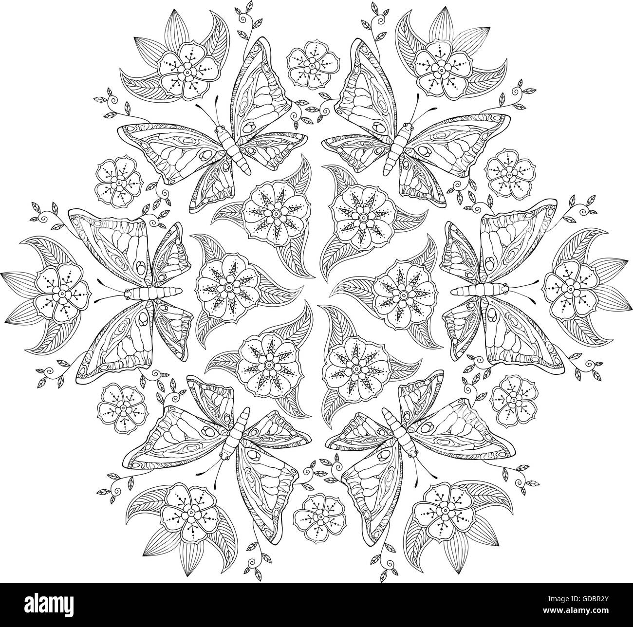 Mendie Mandala con mariposas y flores. Libro para colorear Imagen Vector de  stock - Alamy