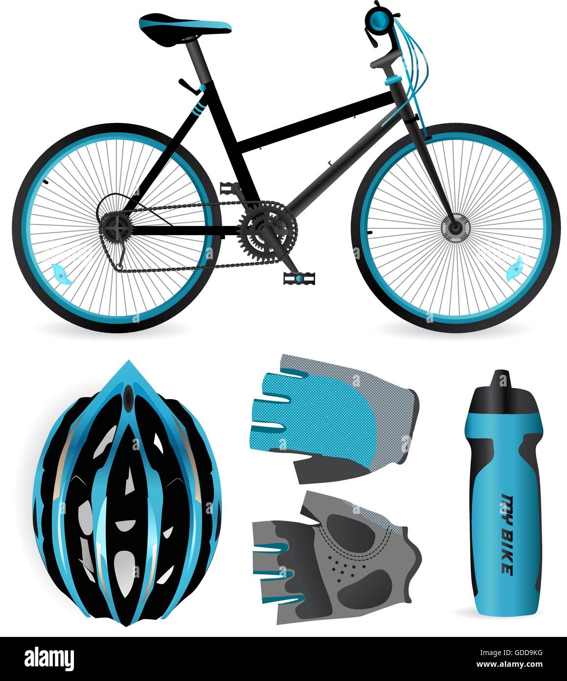 Bicicletas o accesorios para bicicletas. Casco, guantes y una botella de  agua Imagen Vector de stock - Alamy