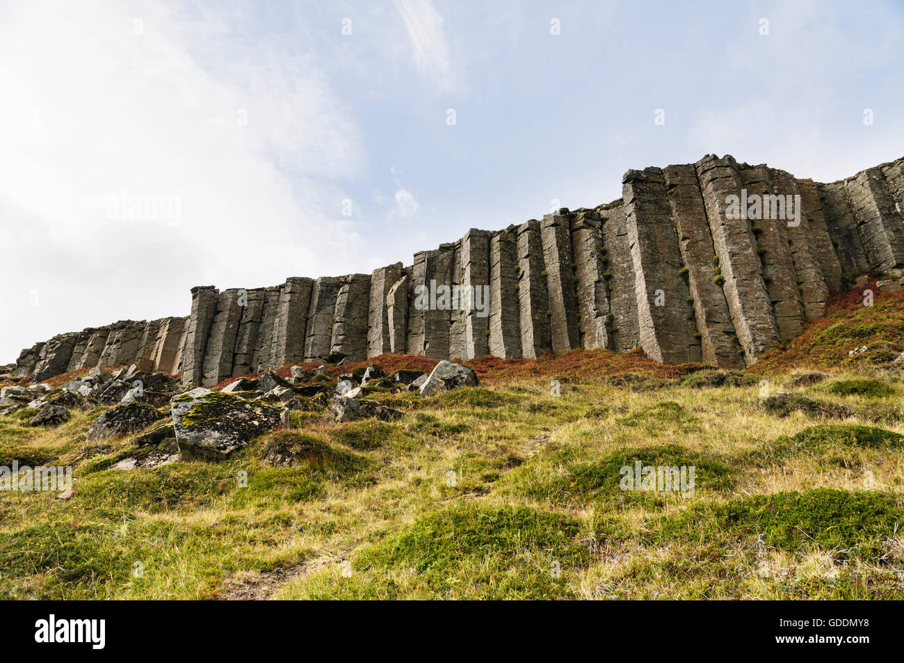 Las columnas de basalto en el valle Hnappadalur Gerduberg en la península de Snaefellsnes, en el oeste de Islandia. Foto de stock