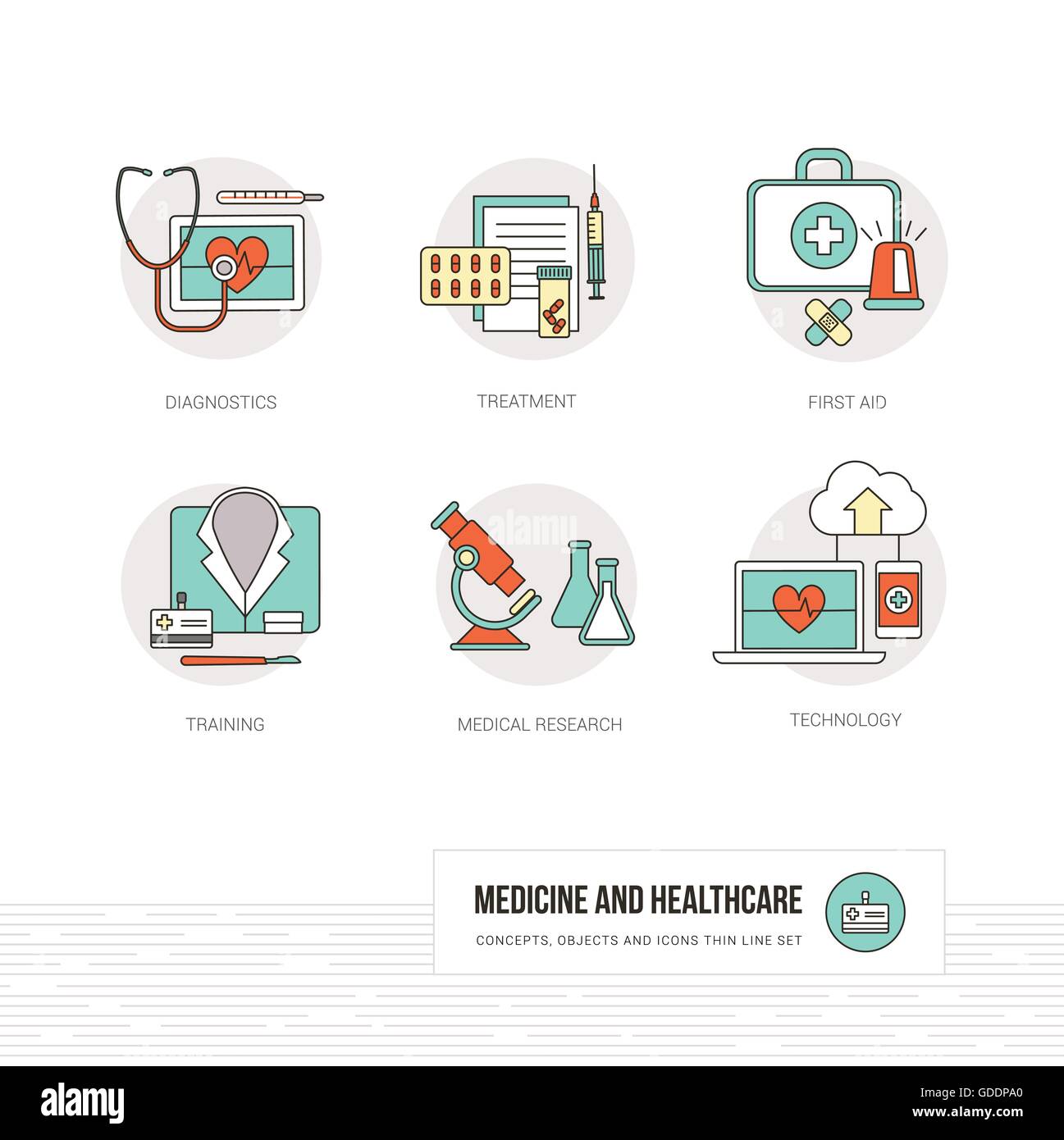 La medicina, la salud y los médicos conceptos, objetos de línea delgada y conjunto de iconos Ilustración del Vector
