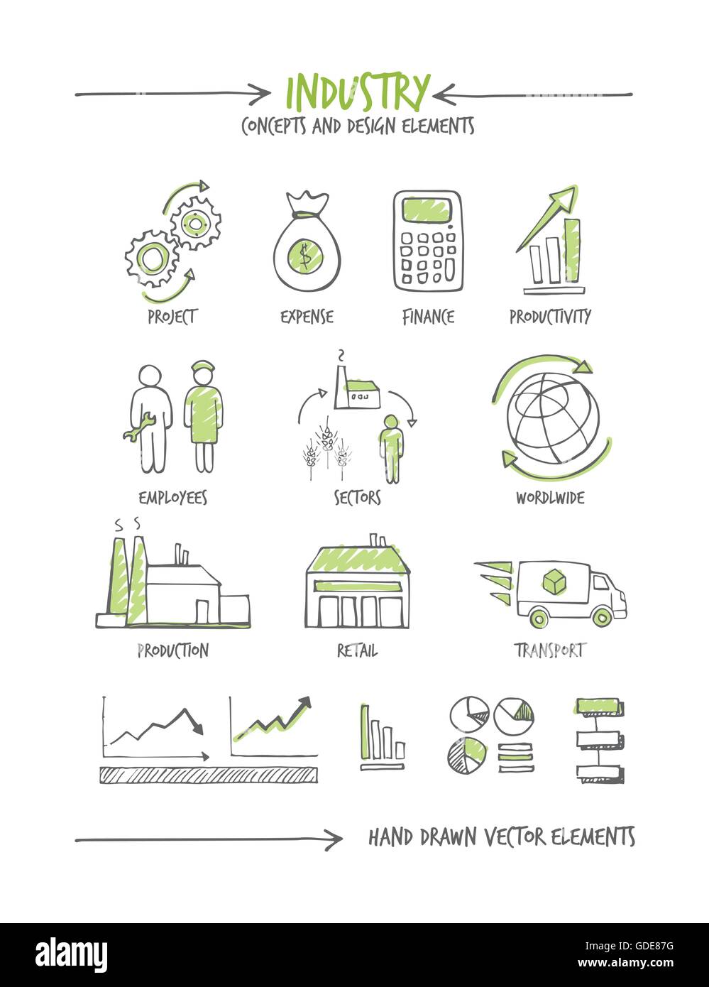 Industria y negocios conceptos boceto dibujados a mano Ilustración del Vector