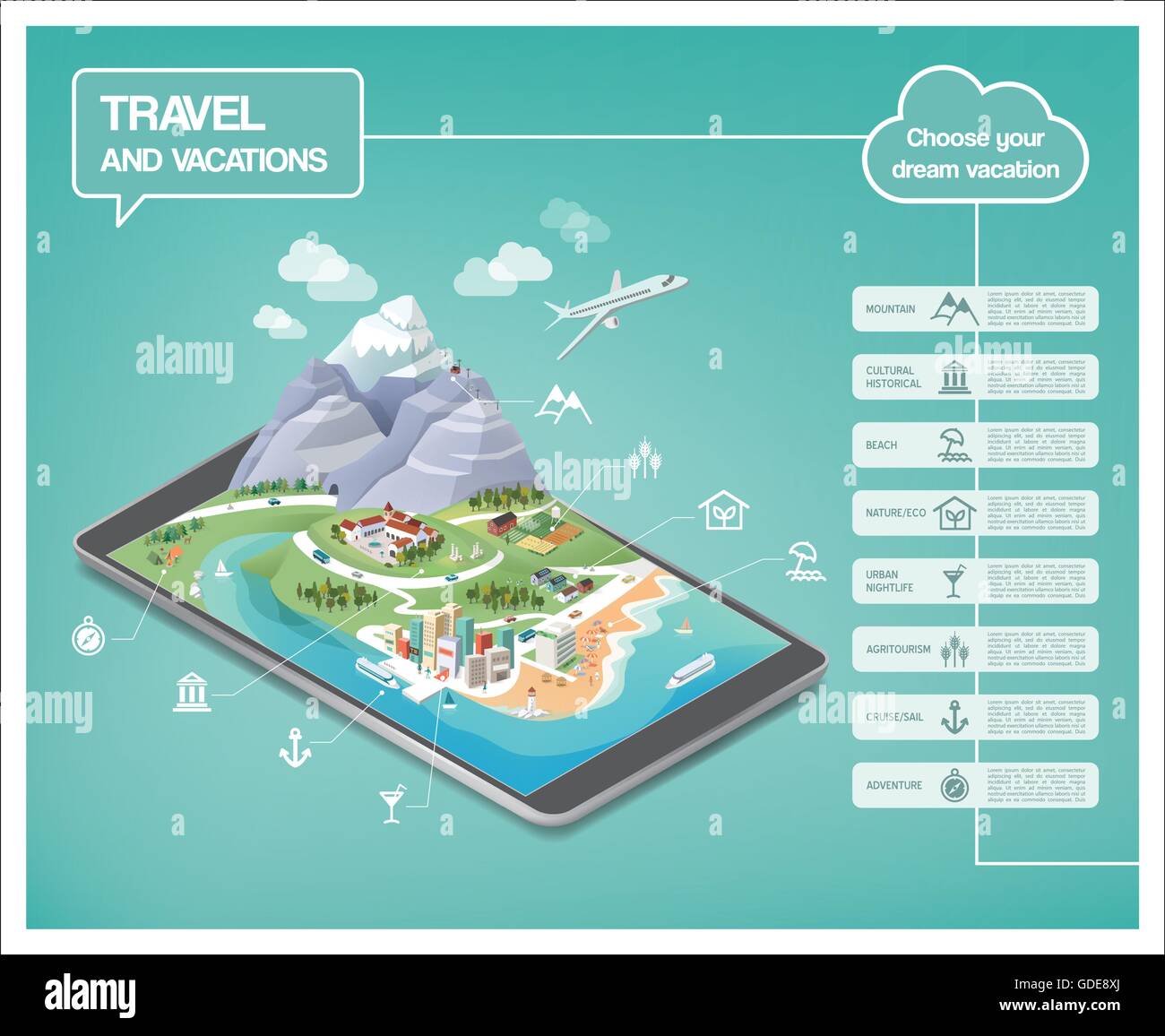Vacaciones de ensueño, destinos de viajes typens infografía sobre un paisaje tridimensional incluyendo montañas, playas, ciudades y Ilustración del Vector