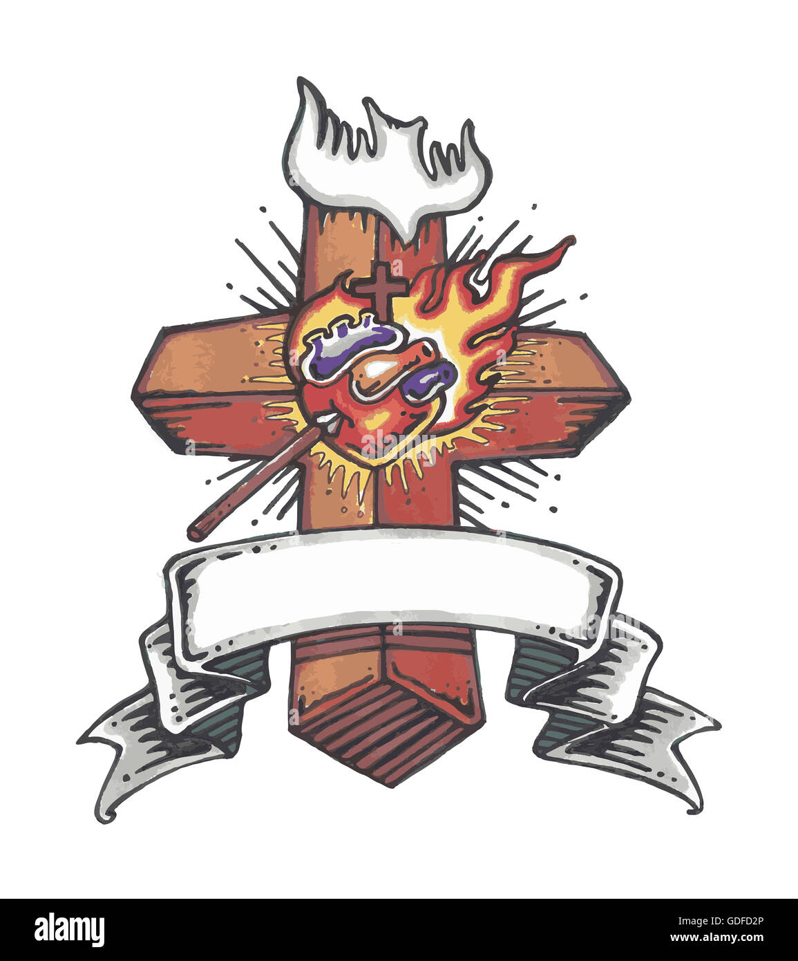 Ilustración vectorial dibujada a mano o un dibujo de una cruz con un religioso Jesucristo Sagrado Corazón y una paloma, representando el Hol Foto de stock