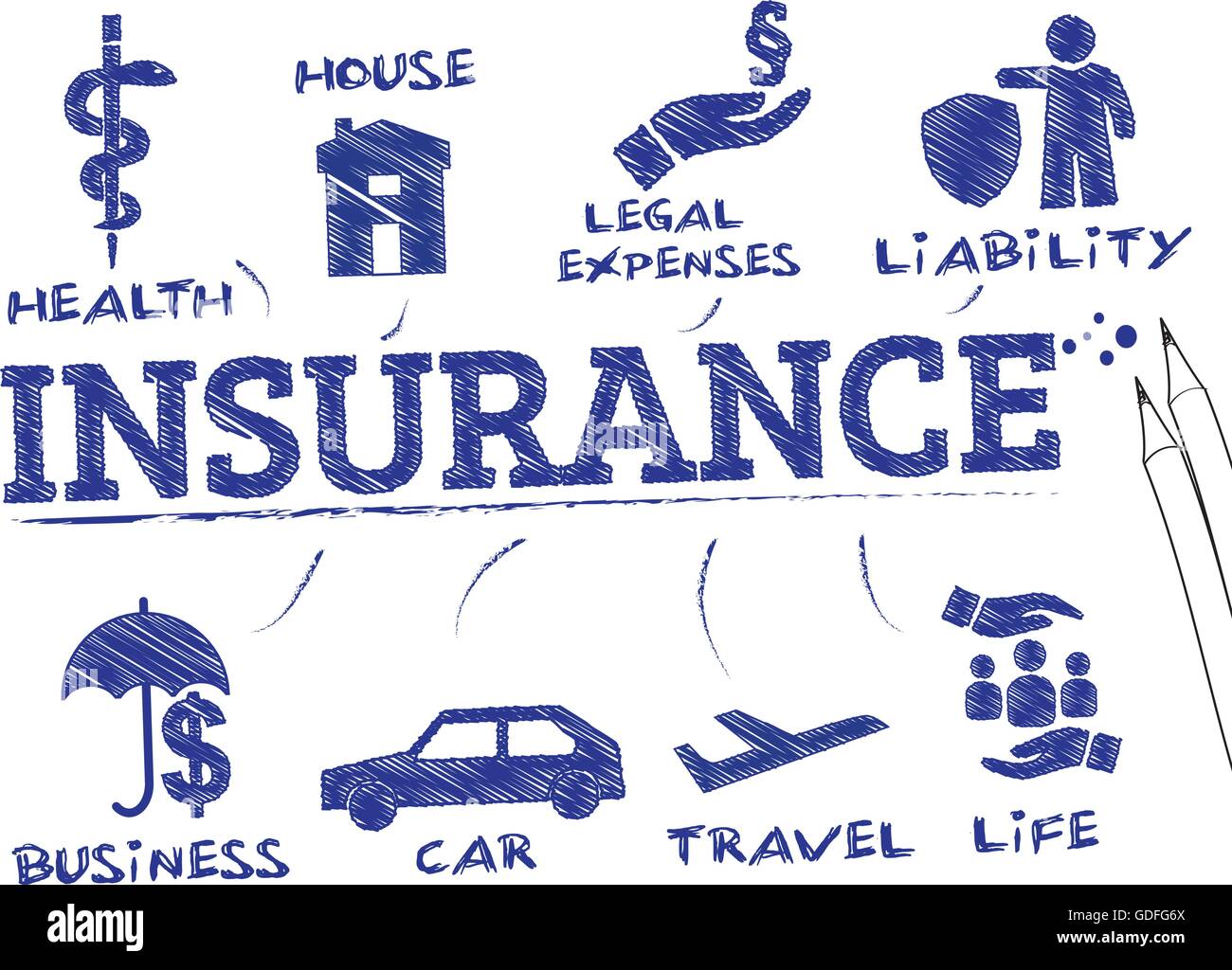 Los seguros. Gráfico con iconos y palabras clave Ilustración del Vector