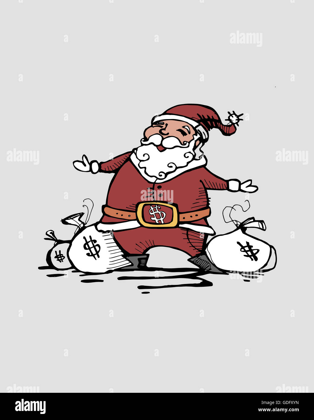 Ilustración dibujada a mano o un dibujo de Santa Claus con bolsas de dinero, que representa el consumismo Foto de stock