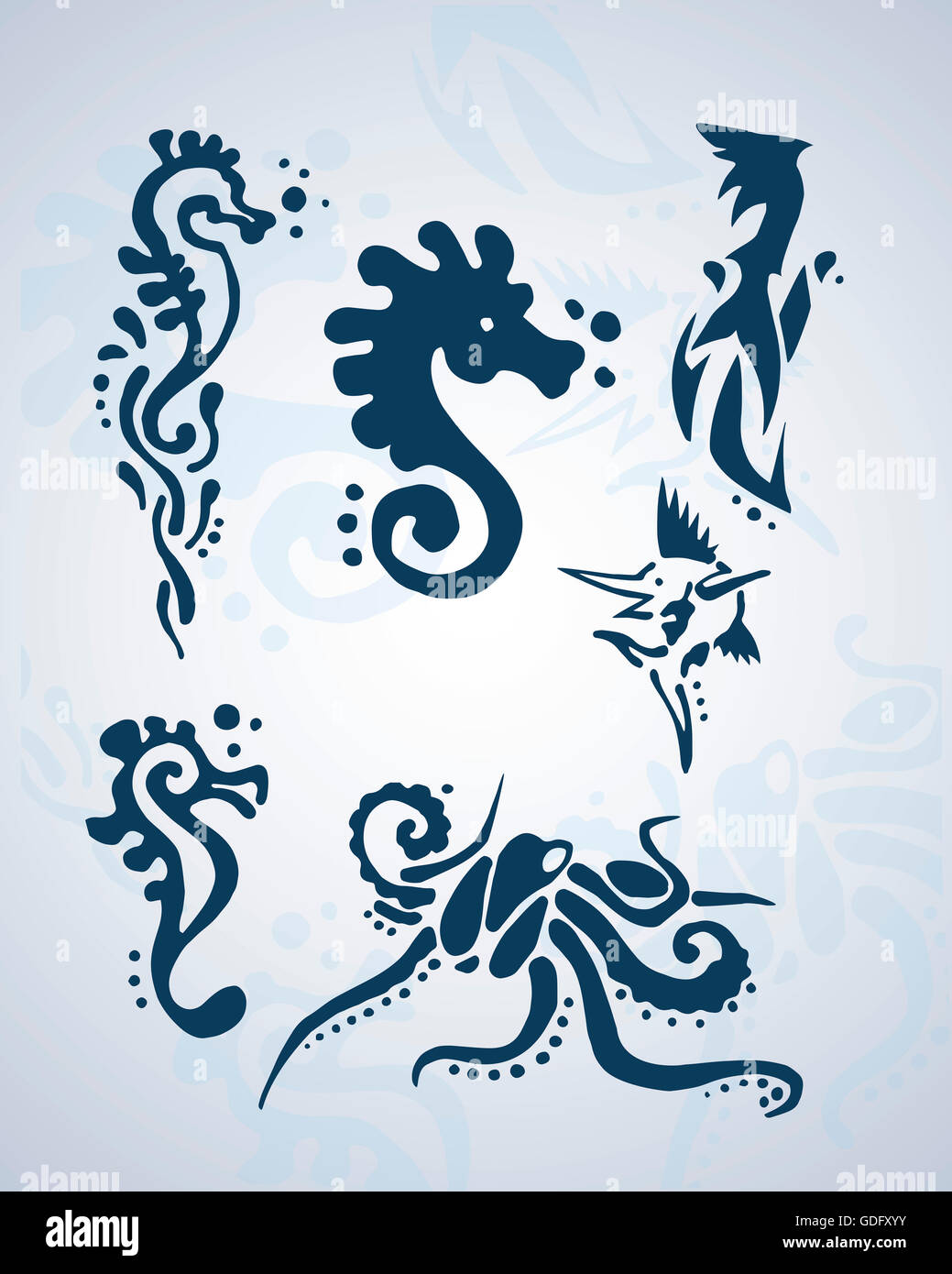 Dibujadas a mano ilustración o dibujo de diferentes animales del mar Foto de stock