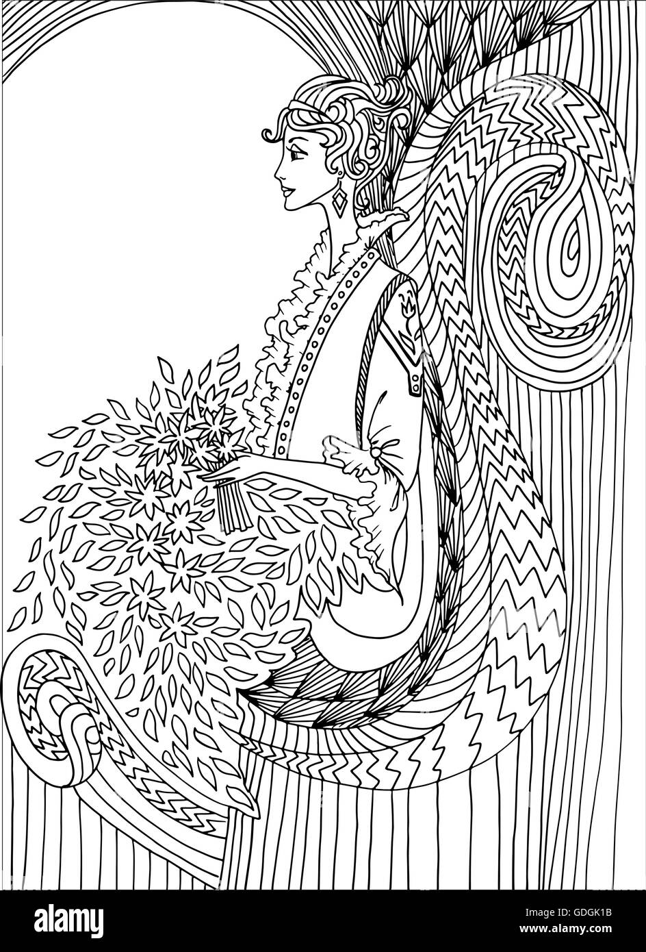 Dibujo de Mujer de estilo art nouveau vintage para colorear