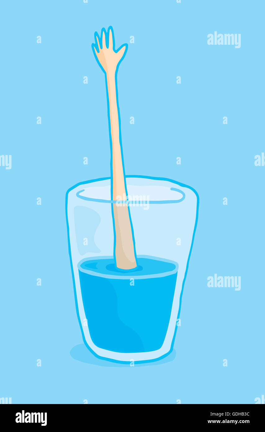 Cartoon ilustración de un brazo de largo alcance para ayudar a ahogarse en  un vaso de agua Fotografía de stock - Alamy