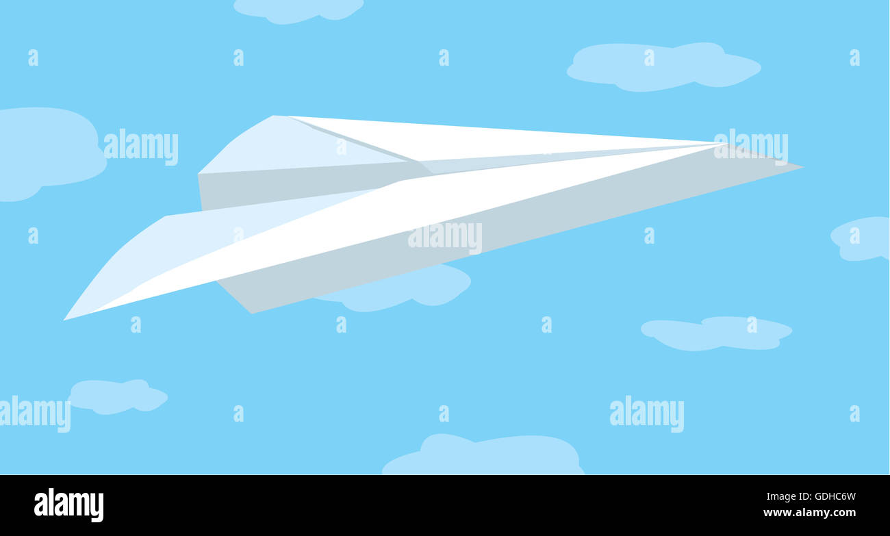 Cartoon ilustración del papel doblado avión que volaba entre las nubes Foto de stock