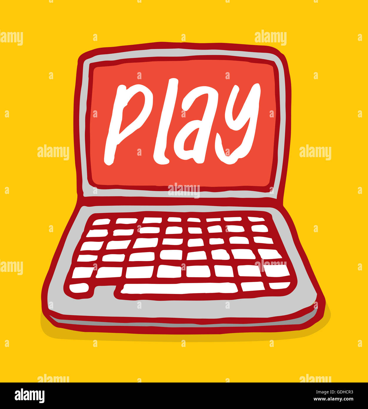 Cartoon ilustración de un portátil o un ordenador portátil con juegos de palabras en la pantalla Foto de stock