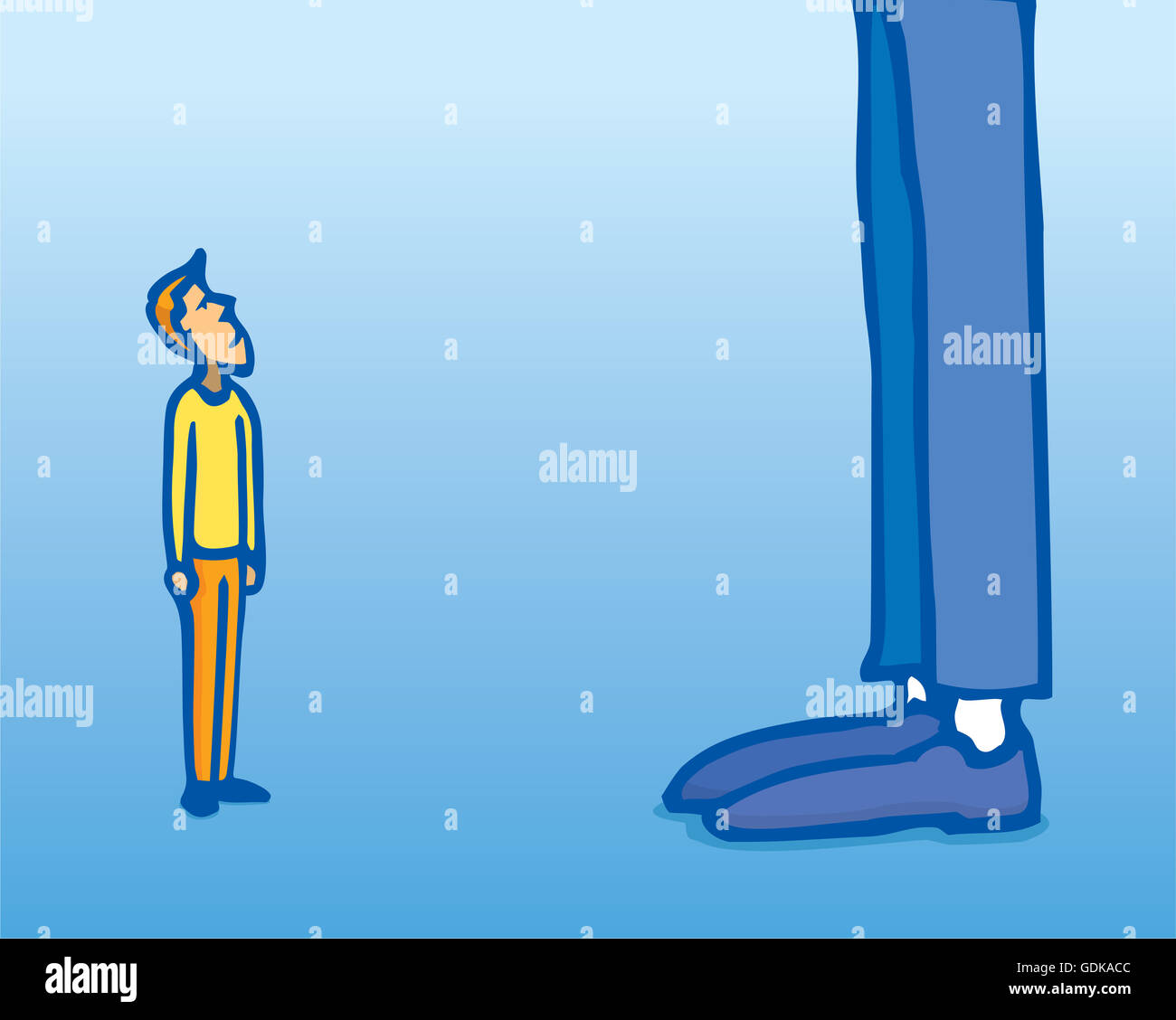 Cartoon ilustración del enorme contraste entre hombre pequeño y gigante Foto de stock