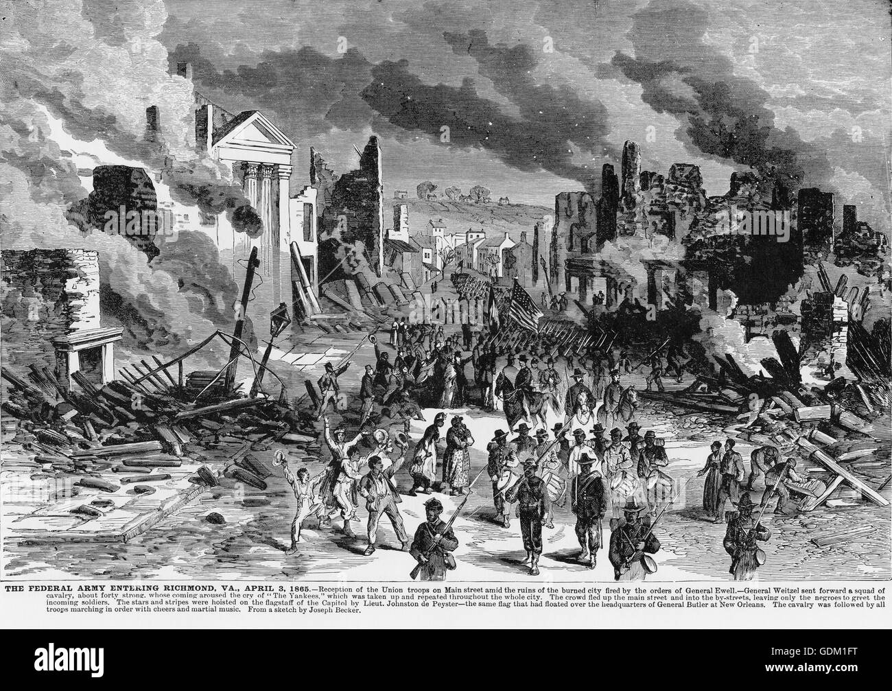 El Ejército federal, entrando en Richmond, Virginia. 1865. Ilustración de Frank Leslie ilustrado del periódico. Foto de stock