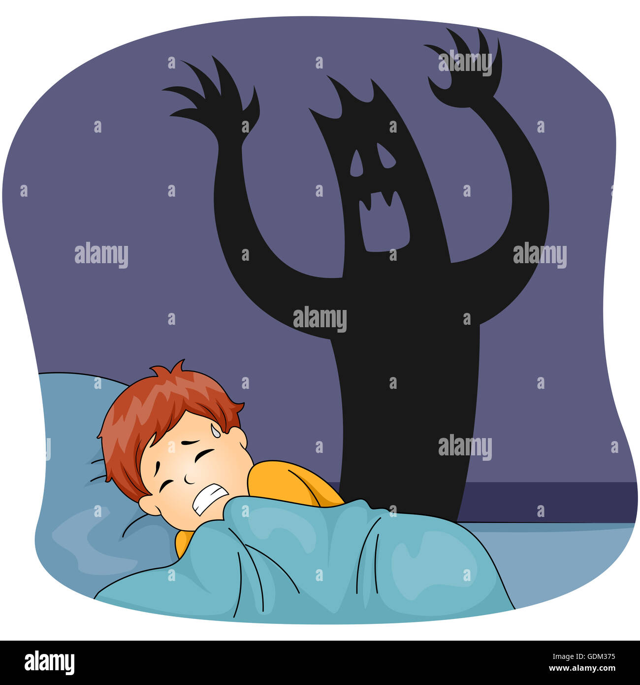 Ilustración de un niño pequeño tiene una pesadilla mientras duerme Foto de stock