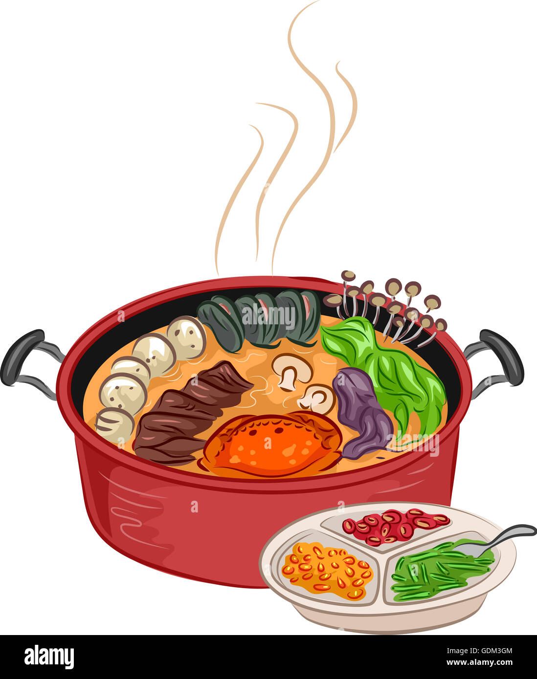 Ilustración de una humeante olla caliente con ingredientes adicionales sentados junto a ella Foto de stock