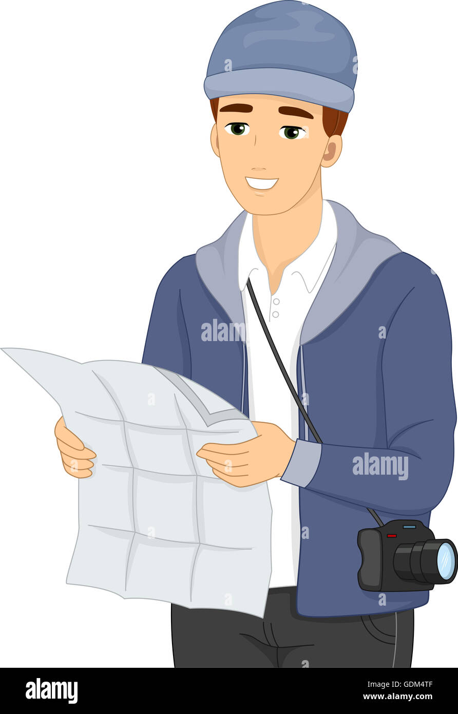 Ilustración de un hombre con un mapa turístico de referencia Foto de stock