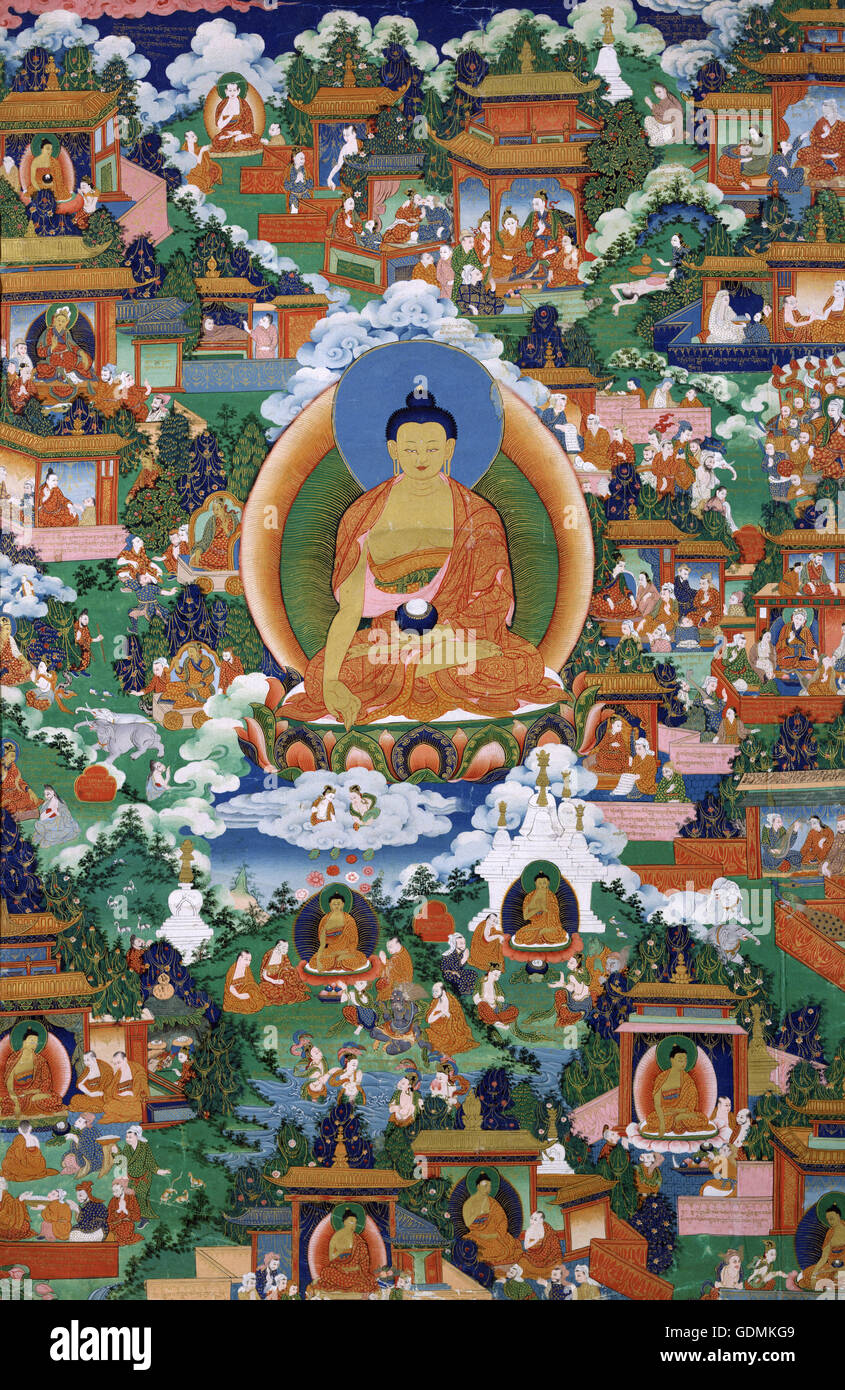 El Buda Shakyamuni con Avadana escenas de leyenda Foto de stock
