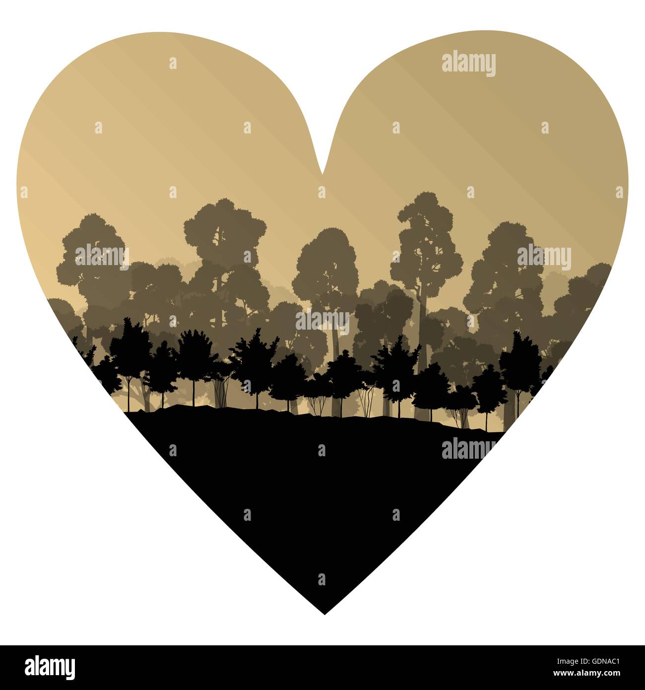 Árbol del bosque salvaje en forma de corazón el amor romántico paisaje concepto vector ilustración de fondo Ilustración del Vector