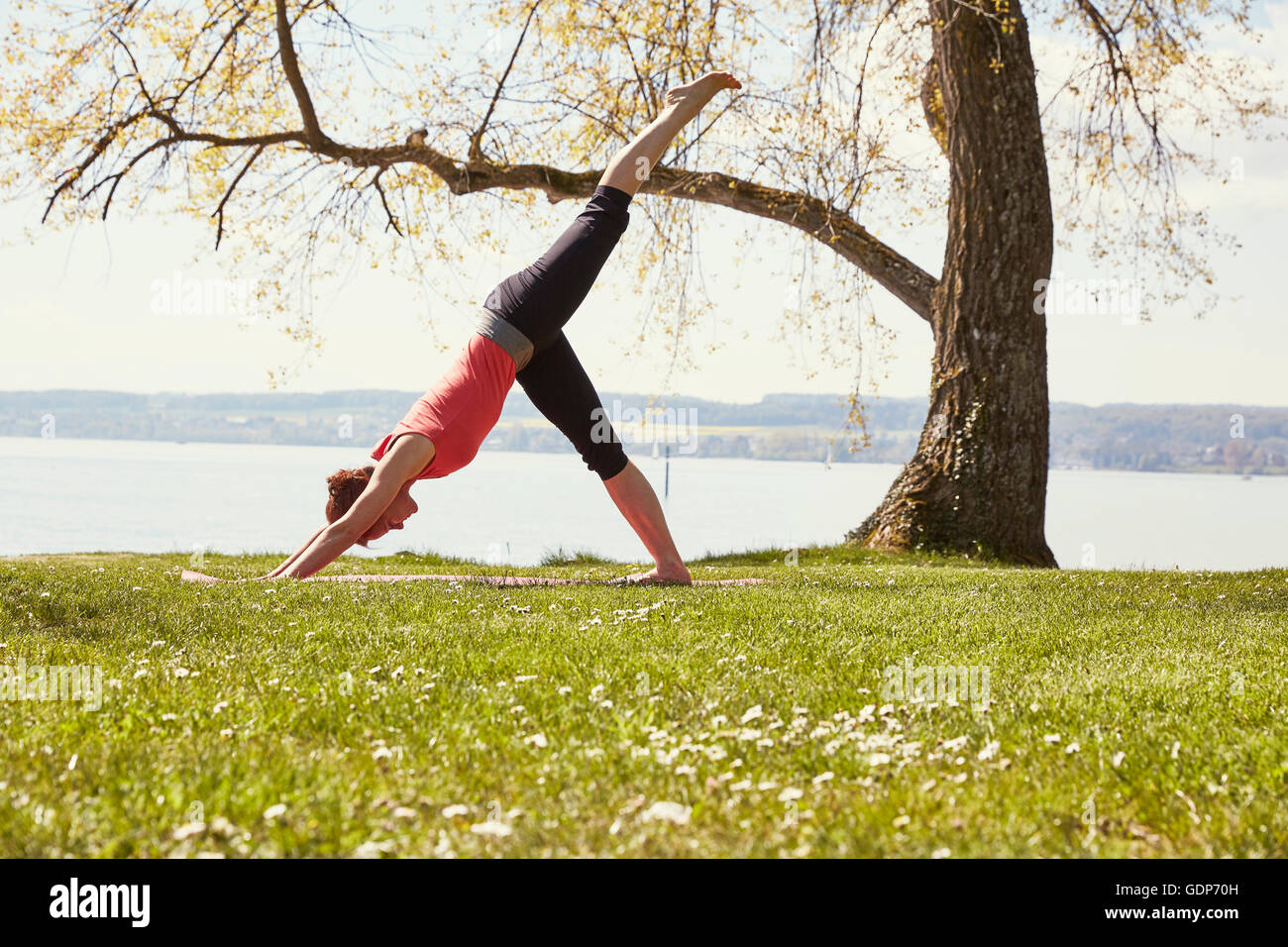 Vista lateral de la mujer doblarse hacia adelante, la pierna levantada en posición de yoga Foto de stock