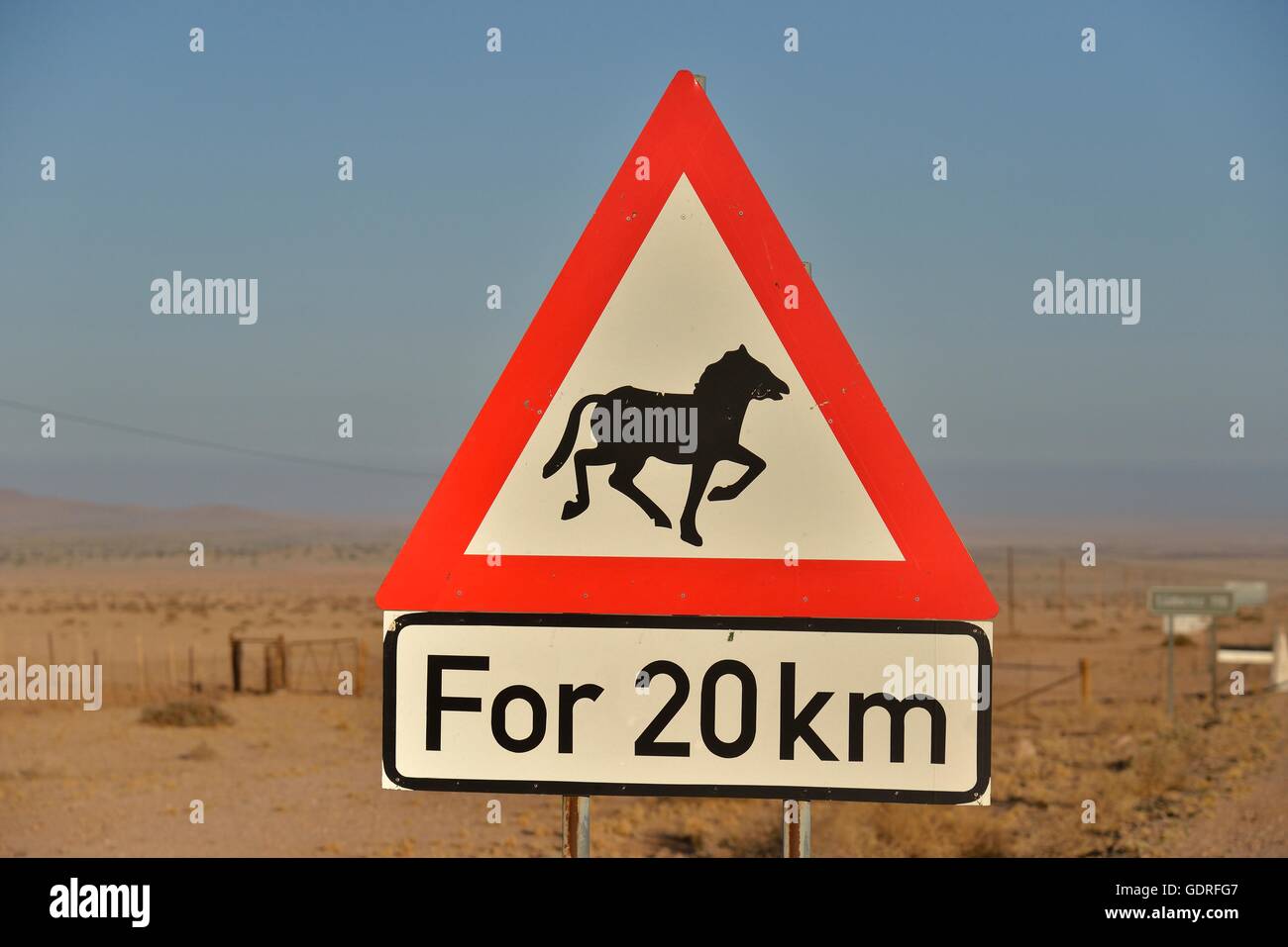 Señal de advertencia Atención caballos, cerca de Aus, Región Karas, Namib, Namibia Foto de stock