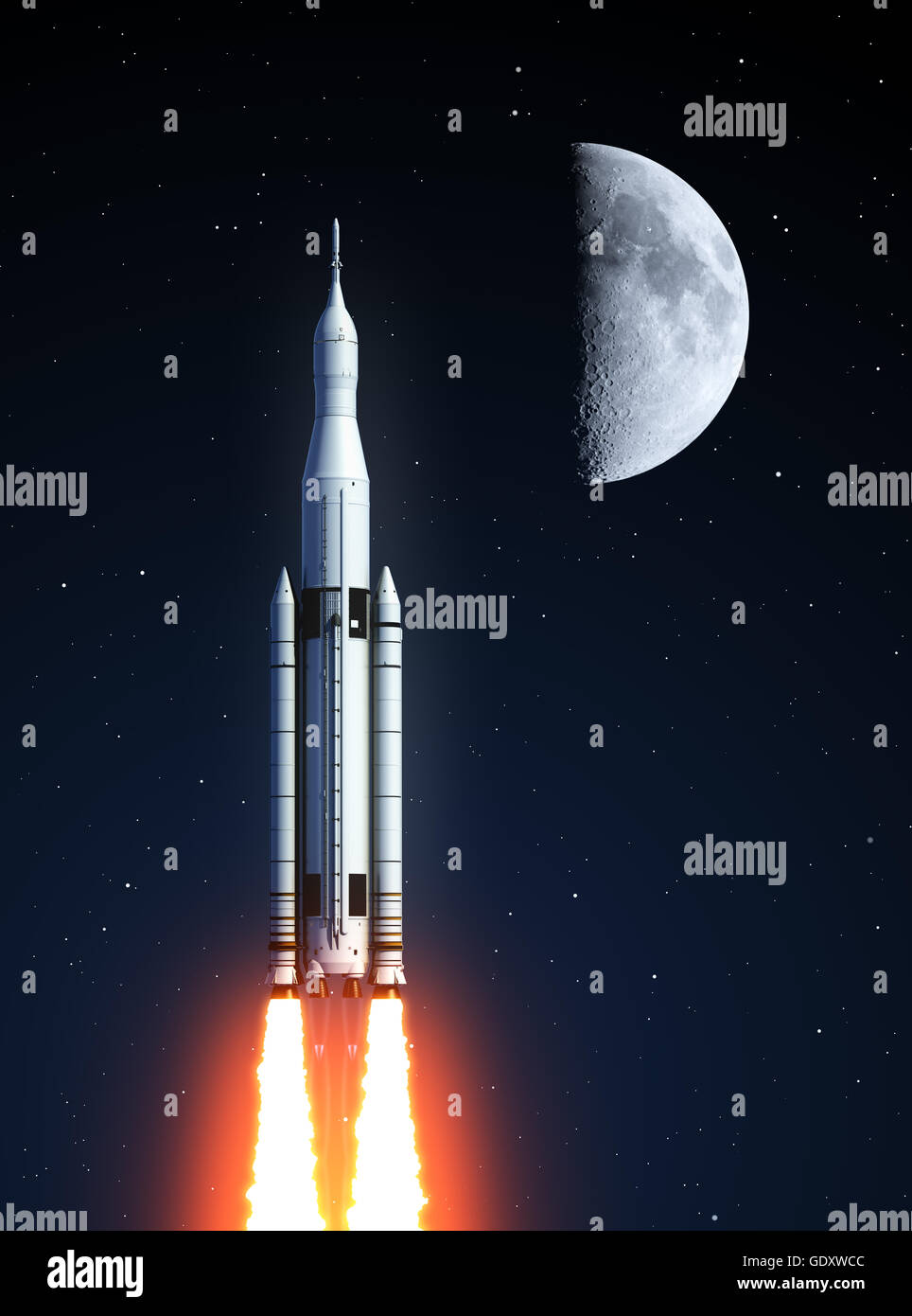 Sistema de lanzamiento espacial y la Luna. Los elementos de esta imagen proporcionada por la NASA. Foto de stock