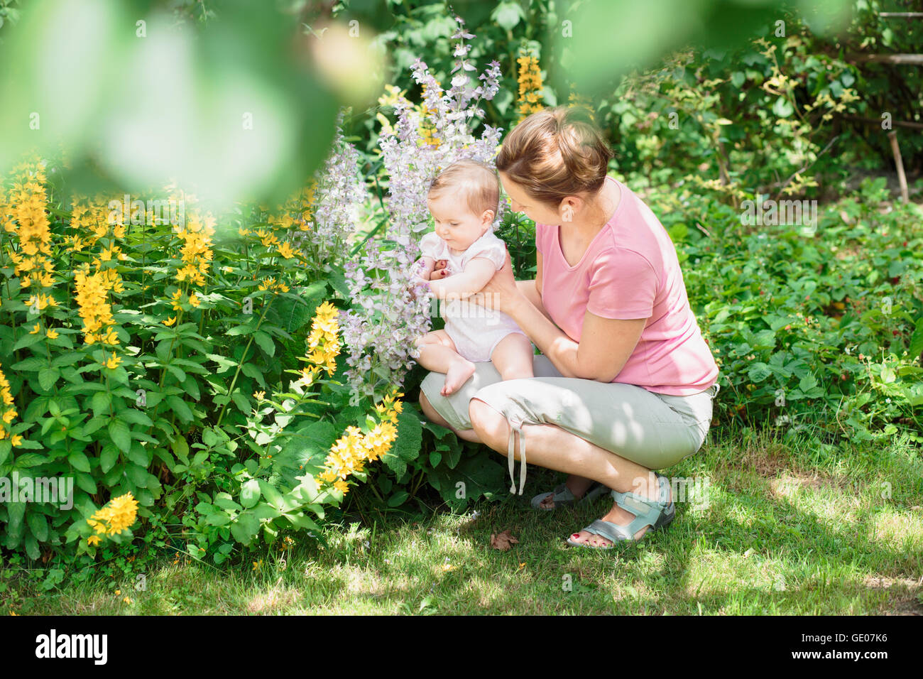 Madre mostrando las plantas de jardín de su hija Foto de stock