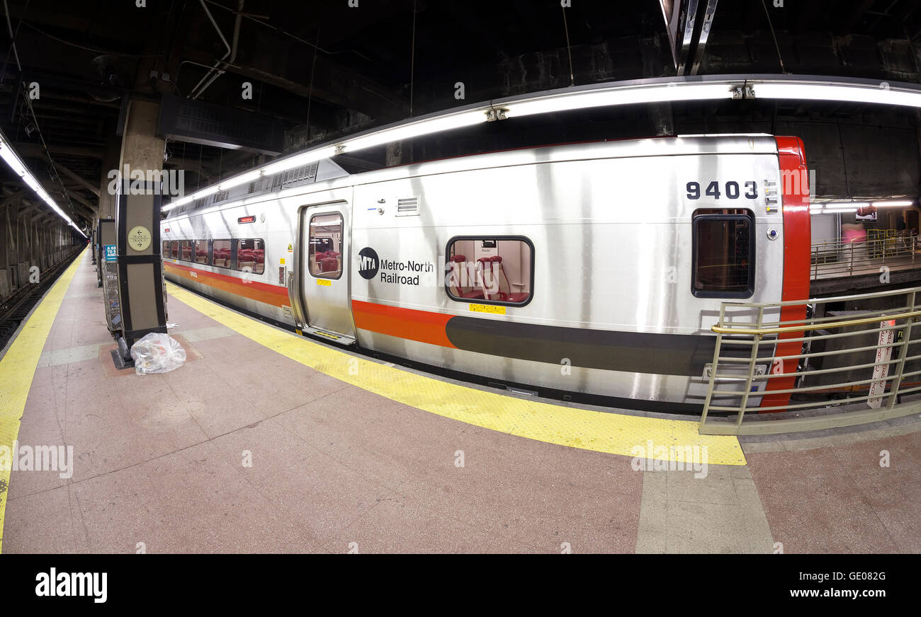 Lente ojo de pez foto del tren MTA en el Grand Central Terminal. Foto de stock