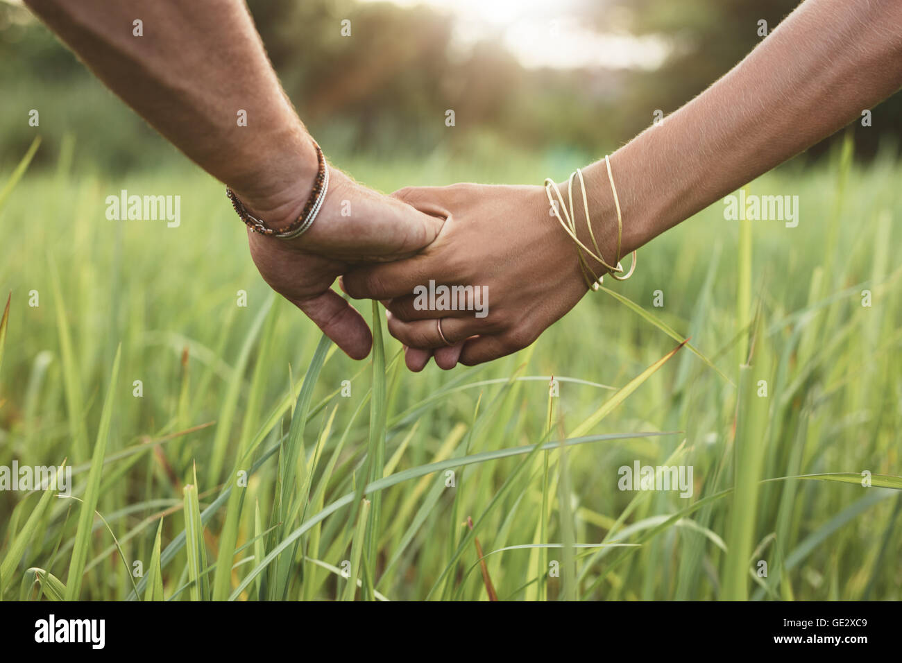 Primer plano de un hombre y una mujer cogidos de la mano en el campo de hierba. Pareja joven en amor con la mano. Foto de stock
