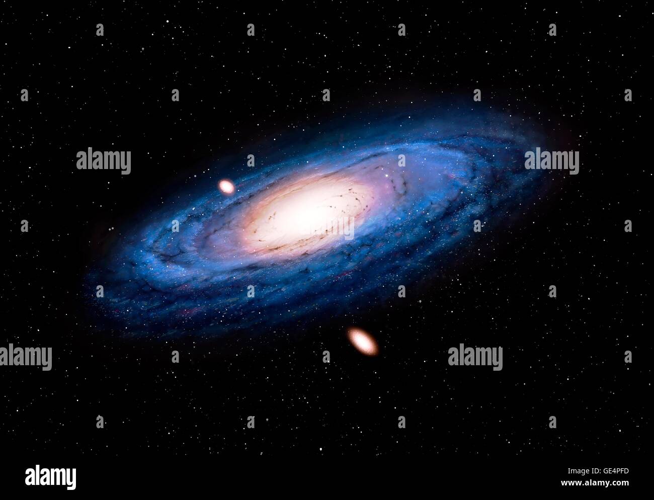 Galaxia Andrómeda, obra de arte digital. Andrómeda es la galaxia grande más cercana a la nuestra. Mide alrededor de 140, 000 años luz de diámetro y está situado a 2,5 millones de años luz de distancia en la constelación del mismo nombre. Dos de sus satélites galaxias enanas, M32 y M110, también se muestra. Foto de stock