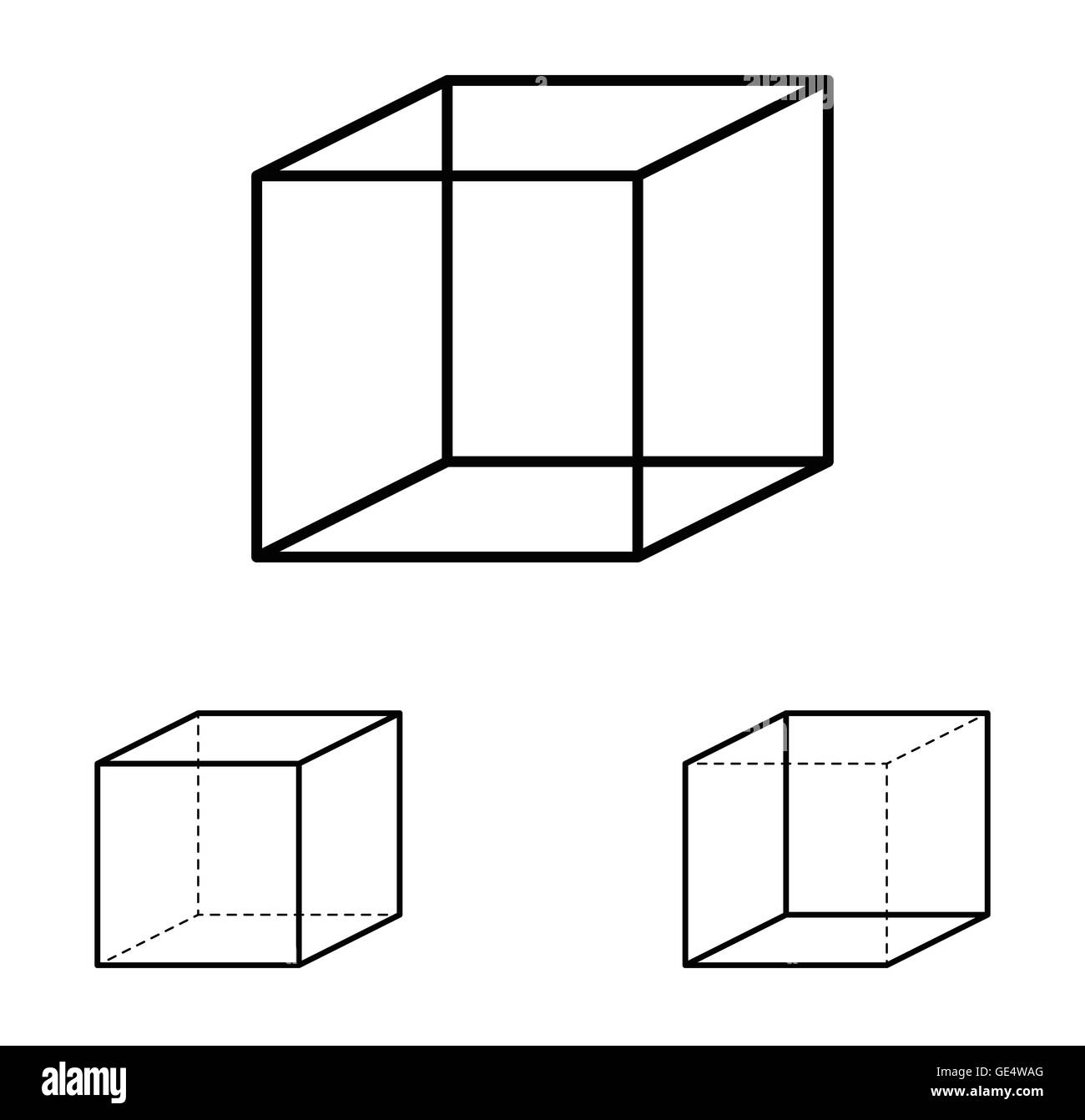 Cubo de Necker ilusión óptica. Dibujo de línea ambigua. La mayoría de la gente ve la izquierda interpretación del cubo. Foto de stock