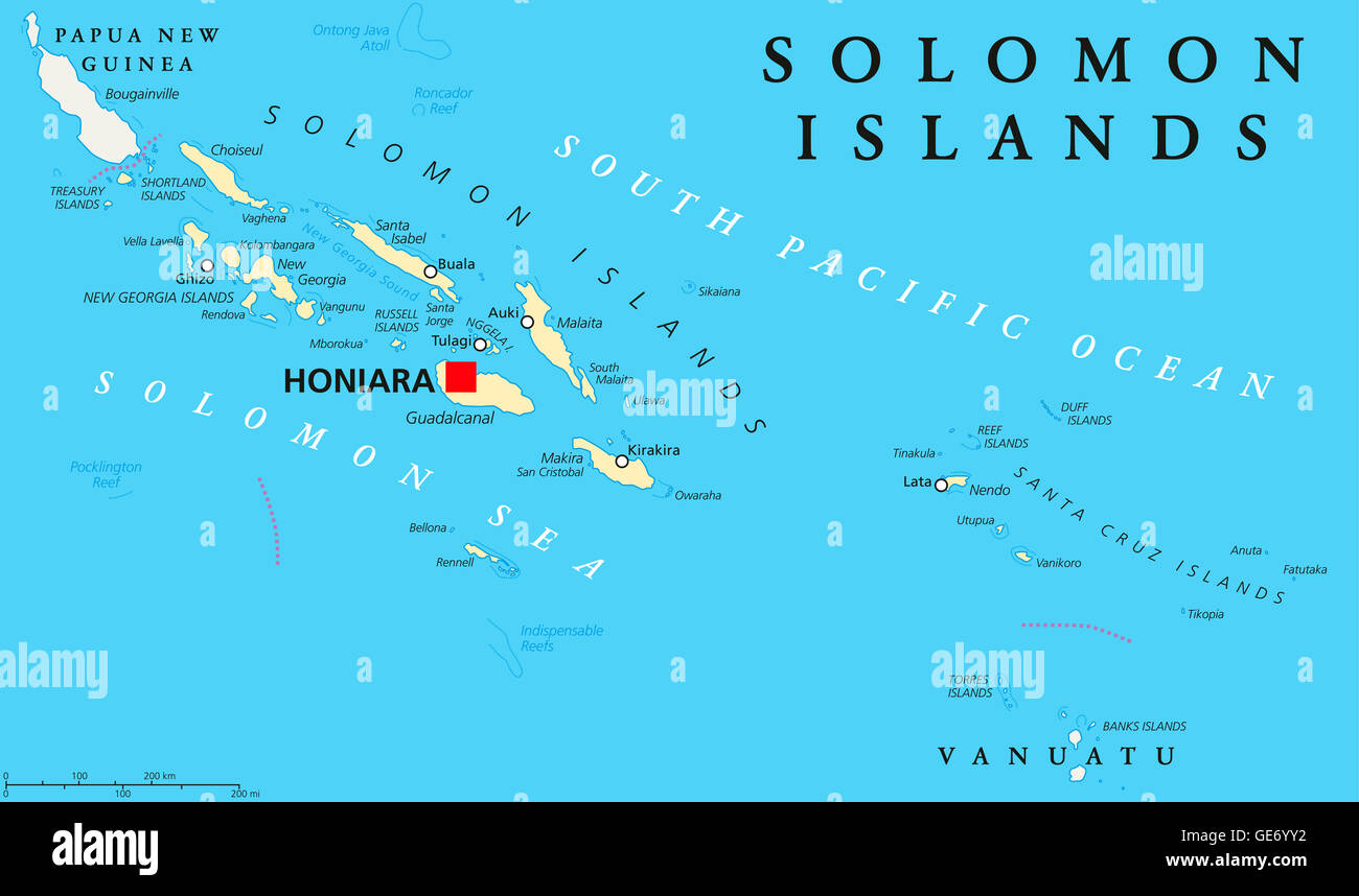 Mapa político de las Islas Salomón con capital Honiara en Guadalcanal. País soberano que consta de seis grandes islas de Oceanía. Foto de stock