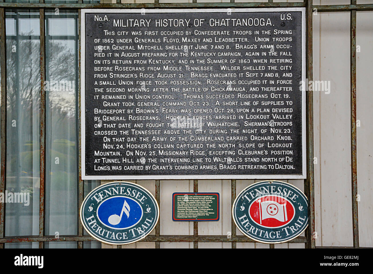 La historia militar de Chattanooga placa por el sendero del patrimonio TN cuelga sobre la puerta en el Chattanooga Choo Choo complejo hotelero Foto de stock