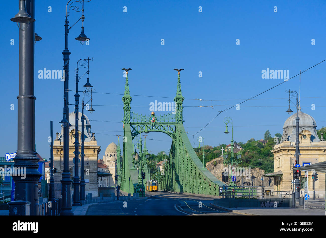 Budapest: la libertad ( Puente Szabadsag escondió ) en el Danubio con vistas a El Hotel Gellert, de Hungría, Budapest. Foto de stock