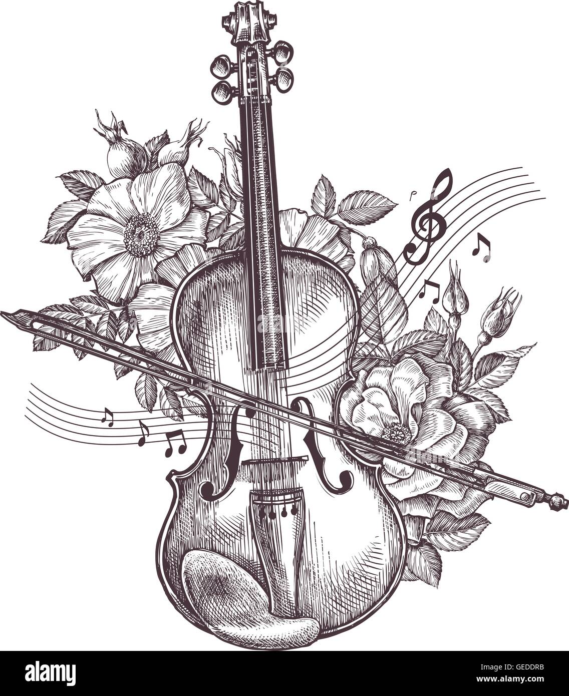 inundar Diligencia escotilla Vintage fiddle. Retro dibujado a mano el violín y flores. Ilustración  vectorial Imagen Vector de stock - Alamy