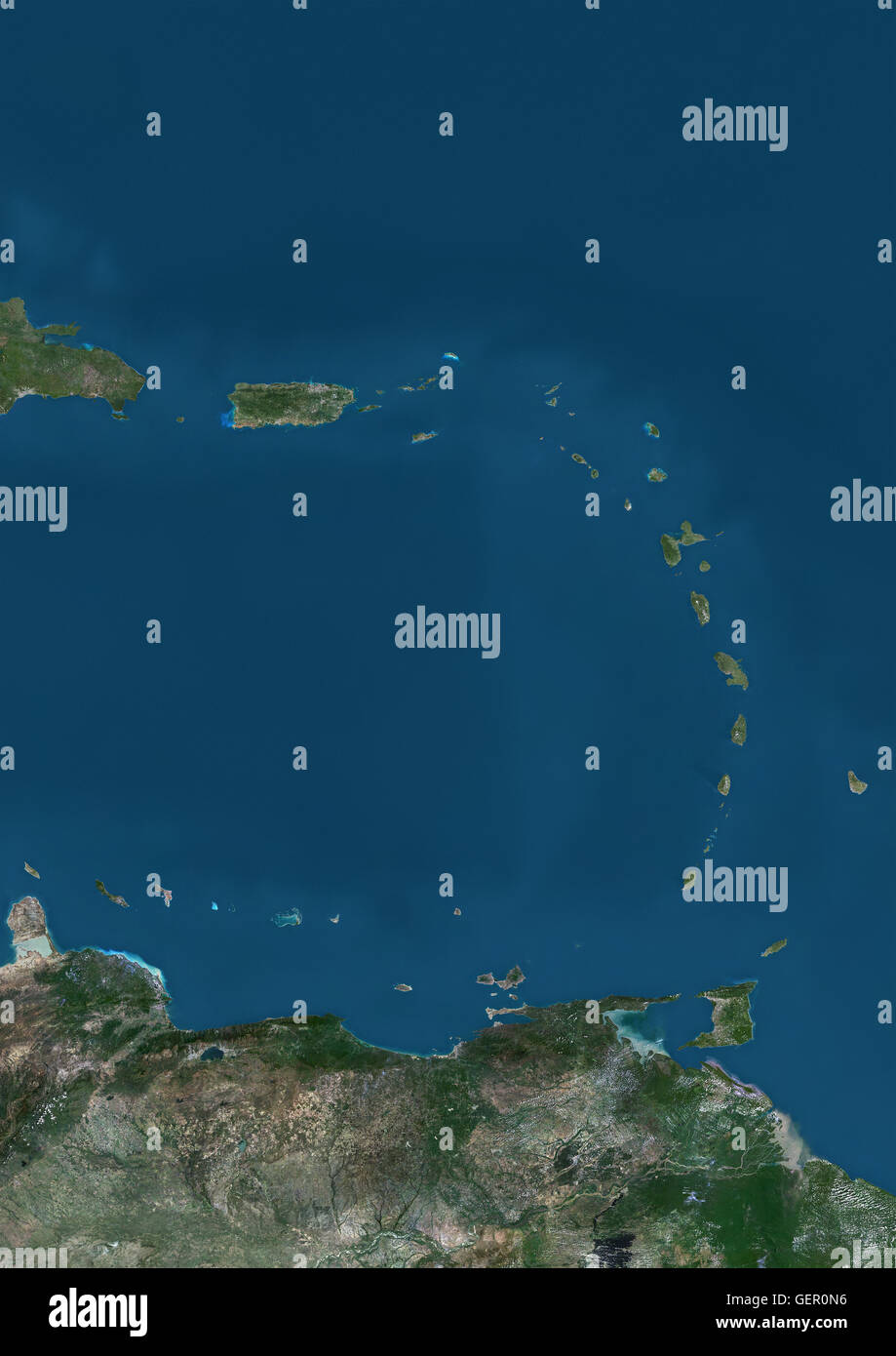 Vista satélite de las islas de las Antillas Menores y Puerto Rico y Puerto  Rico en el Caribe. Esta imagen fue compilado a partir de datos adquiridos  por los satélites Landsat Fotografía