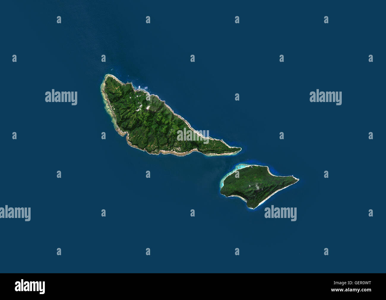 Vista satélite de Futuna y Alofi, parte de las Islas de Wallis y Futuna. Esta imagen fue compilado a partir de los datos obtenidos por el satélite Landsat 8 en 2014. Foto de stock