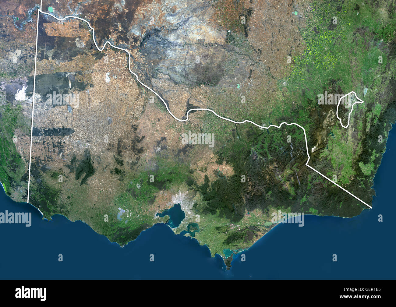 Vista satélite de Victoria, en Australia (con los límites administrativos). Esta imagen fue compilado a partir de los datos obtenidos por el satélite Landsat 8 en 2014. Foto de stock