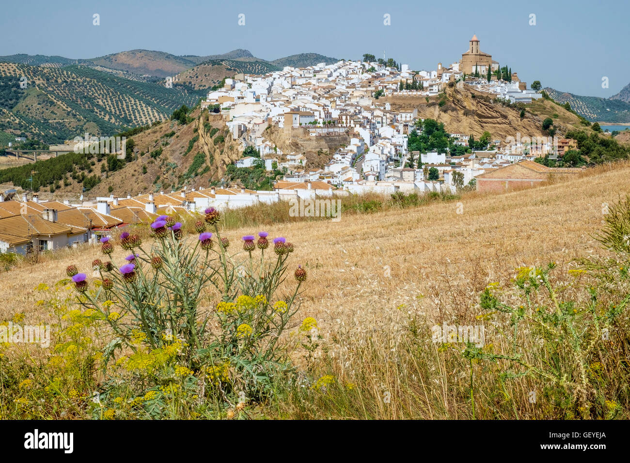 Iznajar pueblo visto desde el este. Andalucía, España Foto de stock