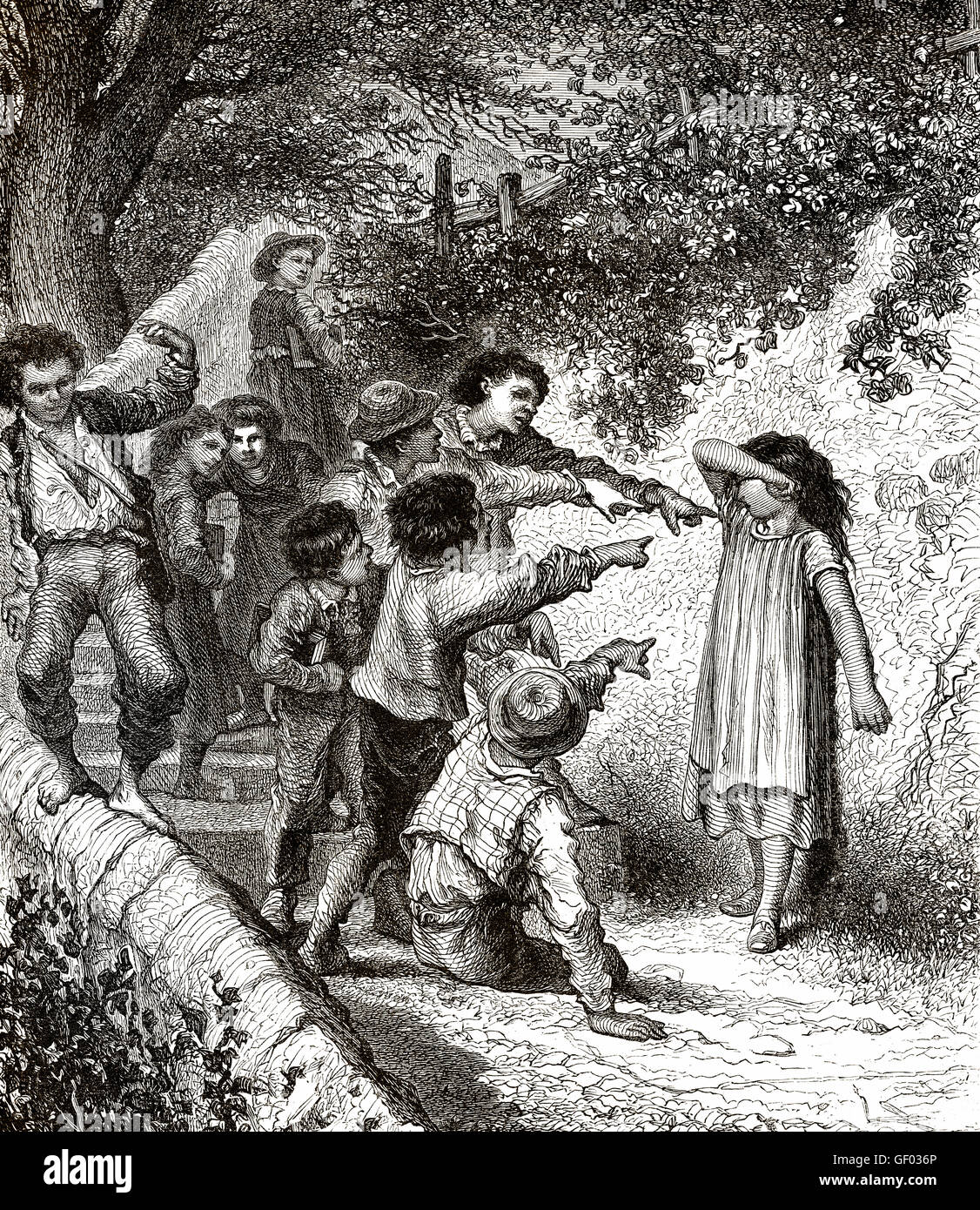 Los niños la intimidación de una persona por parte de un grupo, del siglo XIX. Foto de stock