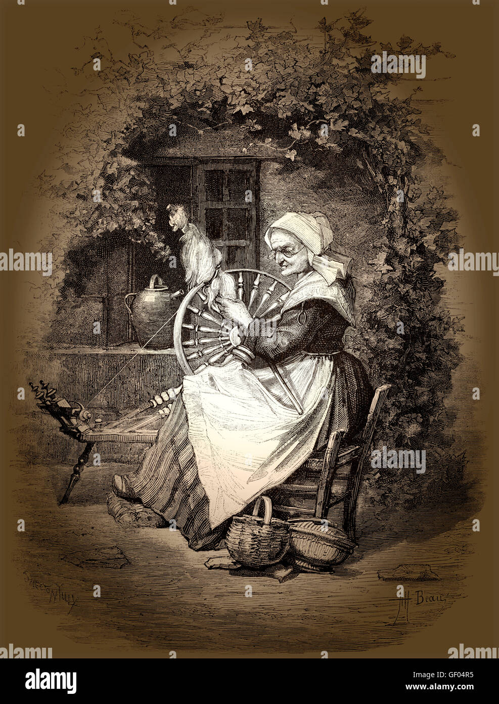 Spinning mujer, del siglo XIX. Foto de stock