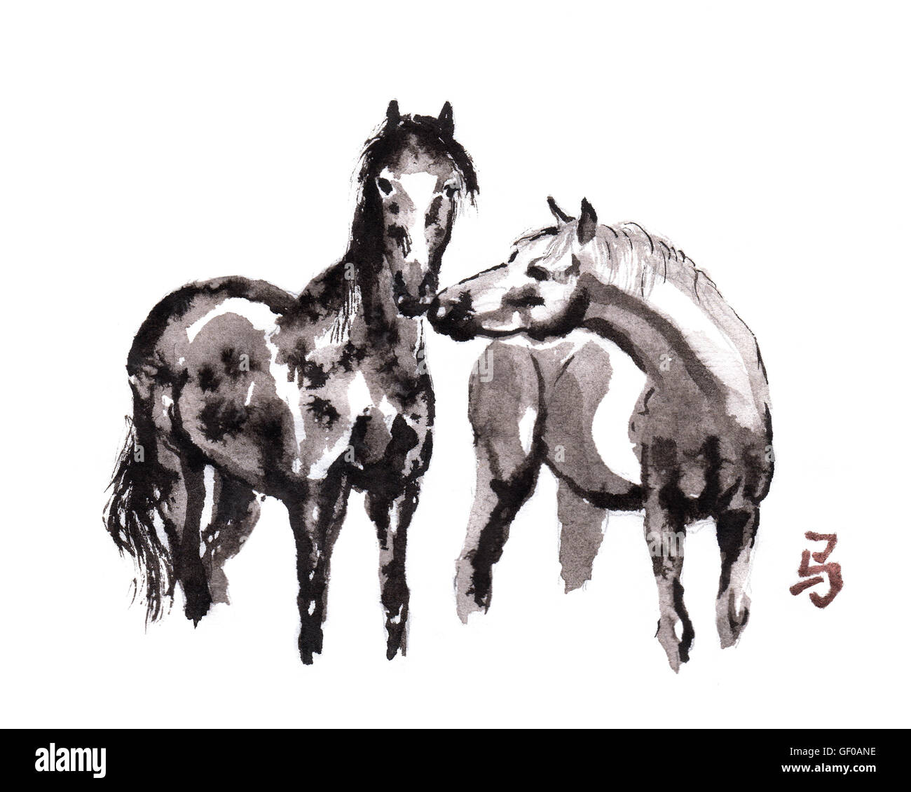Compañeros de caballos orientales pintar con tinta china jeroglífico 'caballo'. Foto de stock