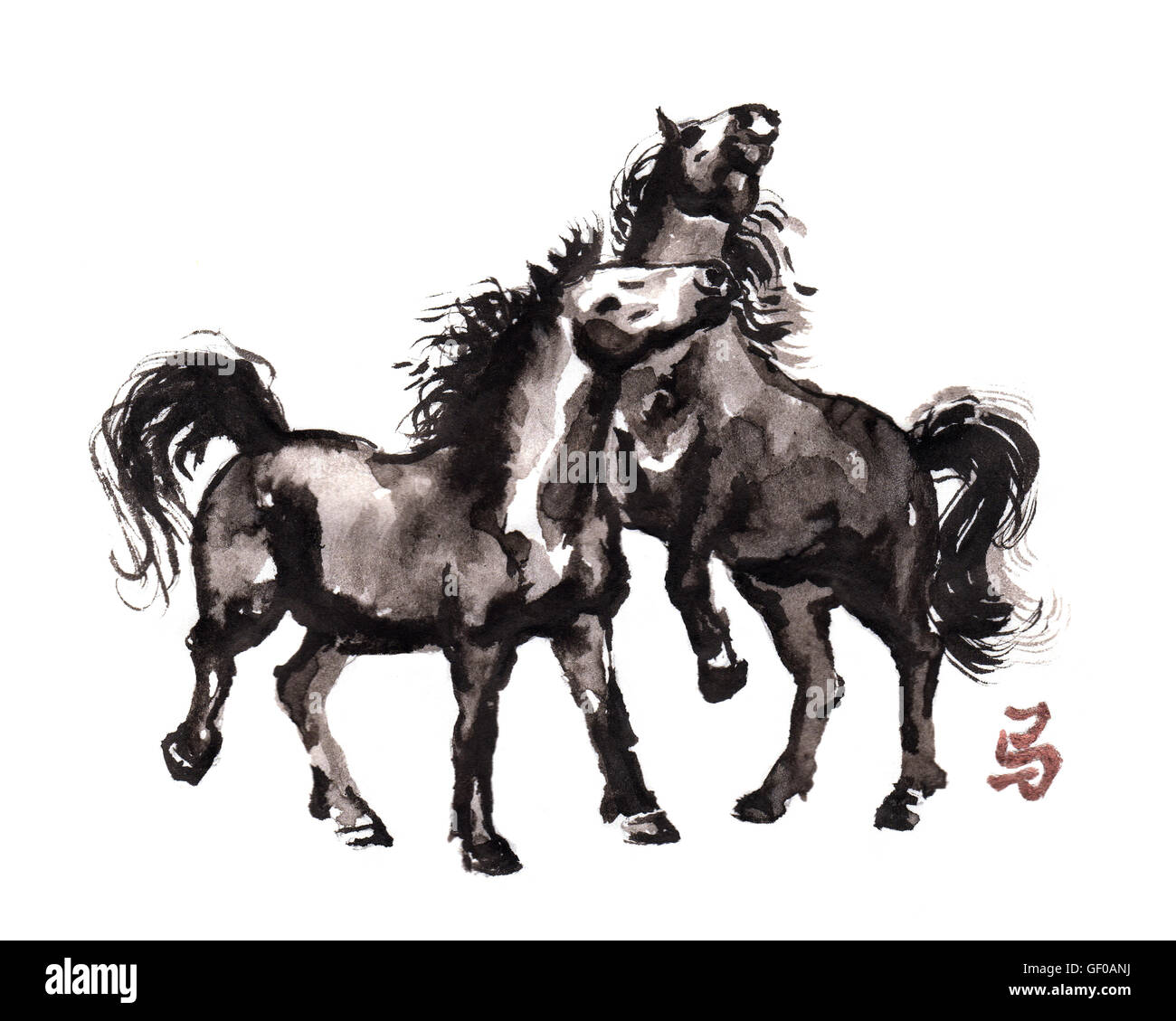 Compitiendo caballos orientales pintar con tinta china jeroglífico 'caballo'. Foto de stock