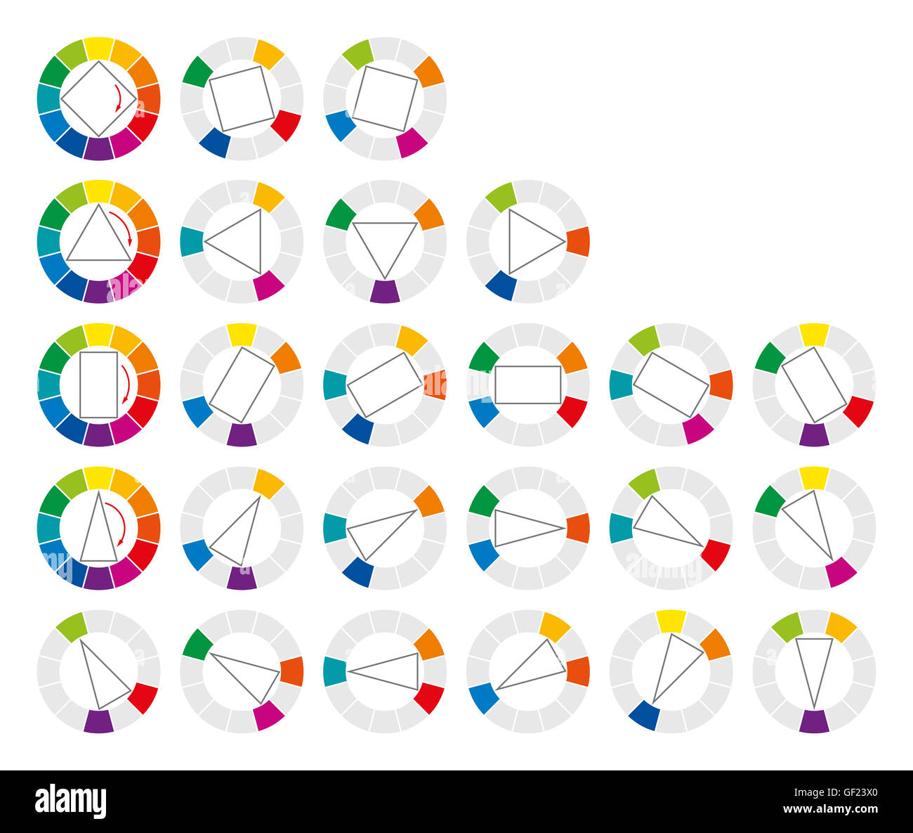 Rueda de colores y formas geométricas mostrando 20 posibles combinaciones armónicas y complementarias de los colores en el art. Foto de stock