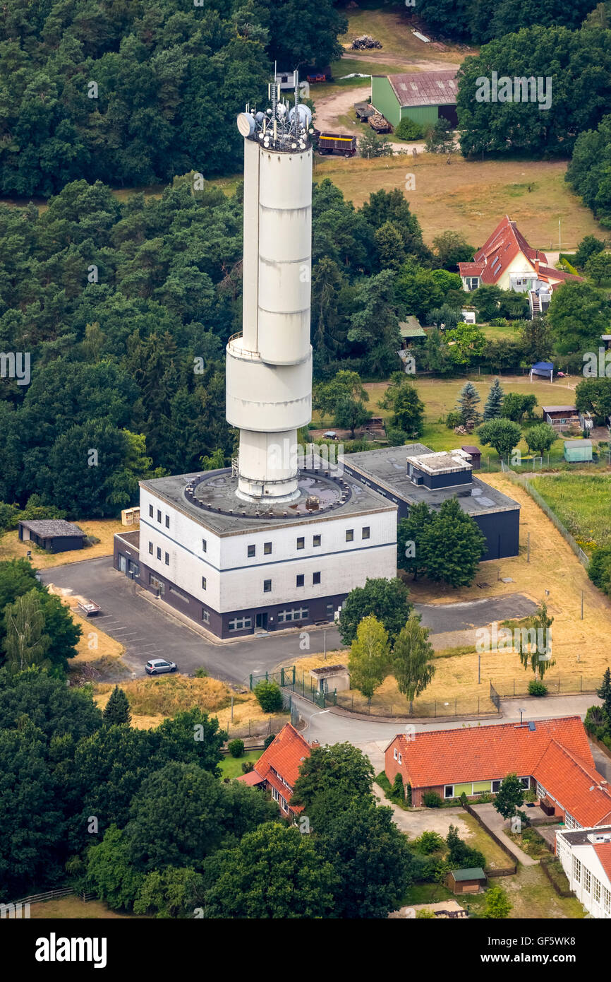 Vista aérea, antigua torre de reconocimiento de la Bundeswehr, las Fuerzas Armadas Federales Barwedel, sistema de monitoreo de radio Foto de stock