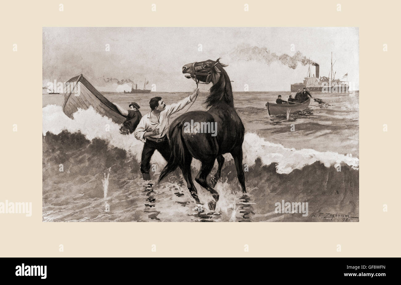 La expedición Gussie: Aterrizaje caballos a través de las olas bajo el fuego de la orilla. La Gussie era un buque cuyo suministro patrocinado oficialmente Captain's mala elección de lugares de aterrizaje resultó en dos intentos fallidos para transportar carga a rebeldes cubanos durante la Guerra Hispano-Americana en 1898. Después de que el dibujo por R.F. Zogbaum. Foto de stock
