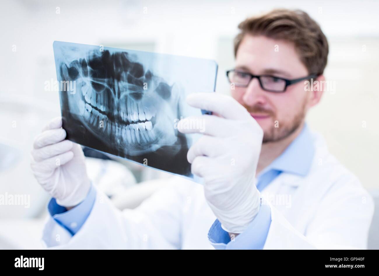 Modelo liberado. Dentista mirando la imagen de rayos x con asistencia dental  en segundo plano Fotografía de stock - Alamy