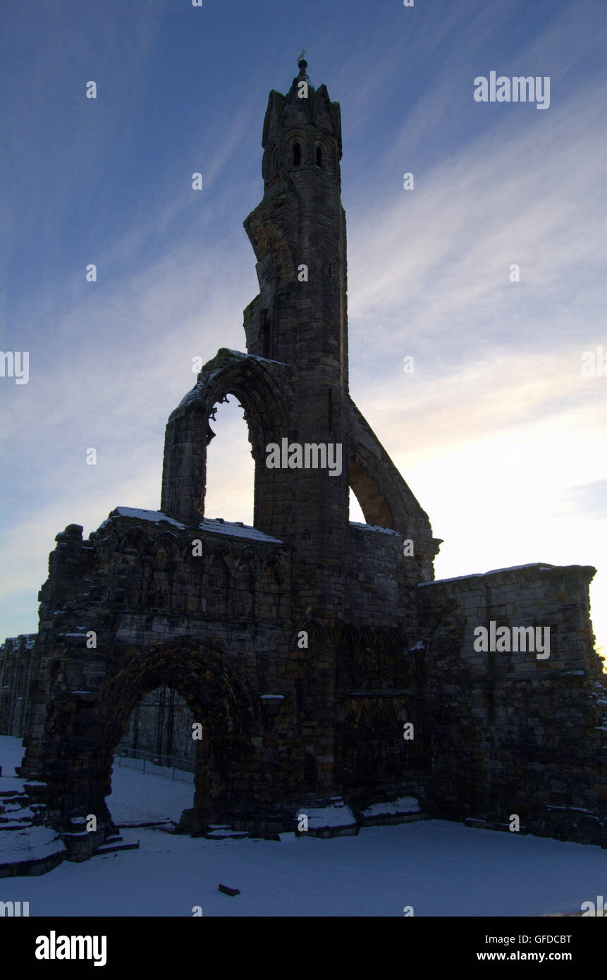 La Catedral de San Andrés al amanecer en la nieve, St Andrews, Escocia Foto de stock