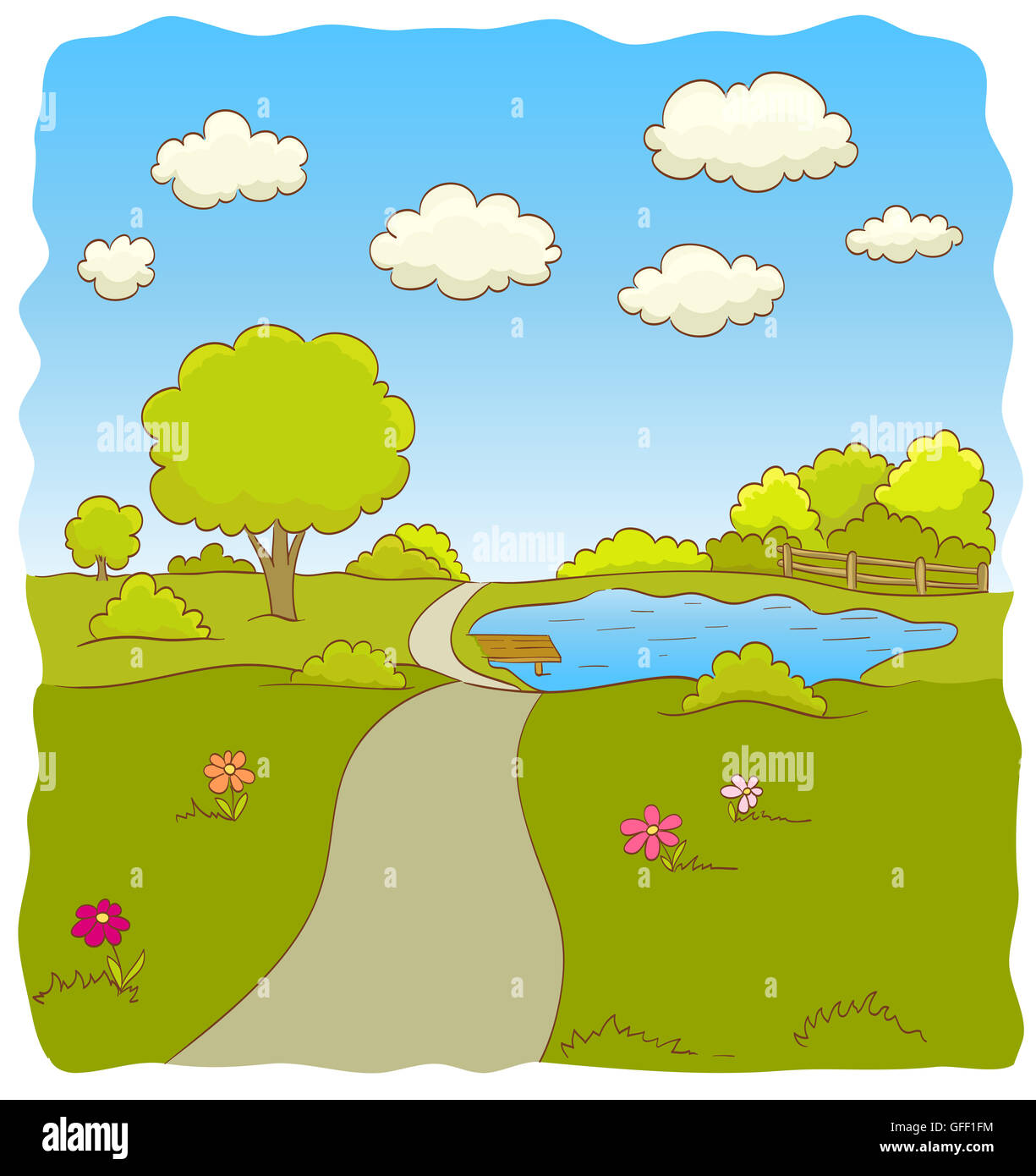 Ilustración de dibujos animados de la naturaleza del paisaje con camino, árboles, arbustos, flores, el lago, el cielo y las nubes Fotografía de stock - Alamy Ilustración de dibujos animados de la naturaleza del paisaje con camino, árboles, arbustos, flores, el lago, el cielo y las nubes Fotografía de stock - Alamy