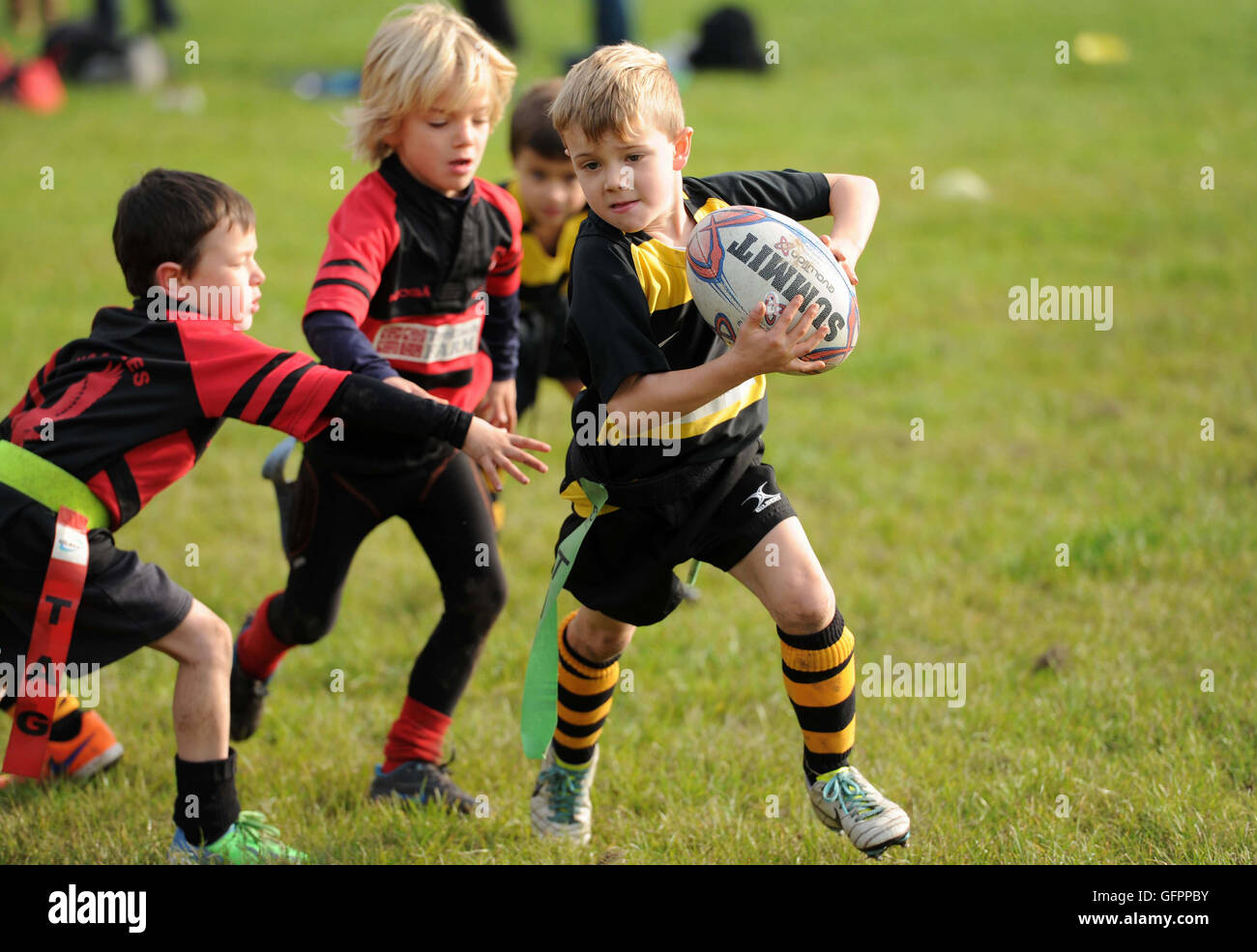 Niños junior tag rugby acción deporte niños gran bretaña reino unido niños los niños practican deporte deporte saludable para niños deportes Foto de stock