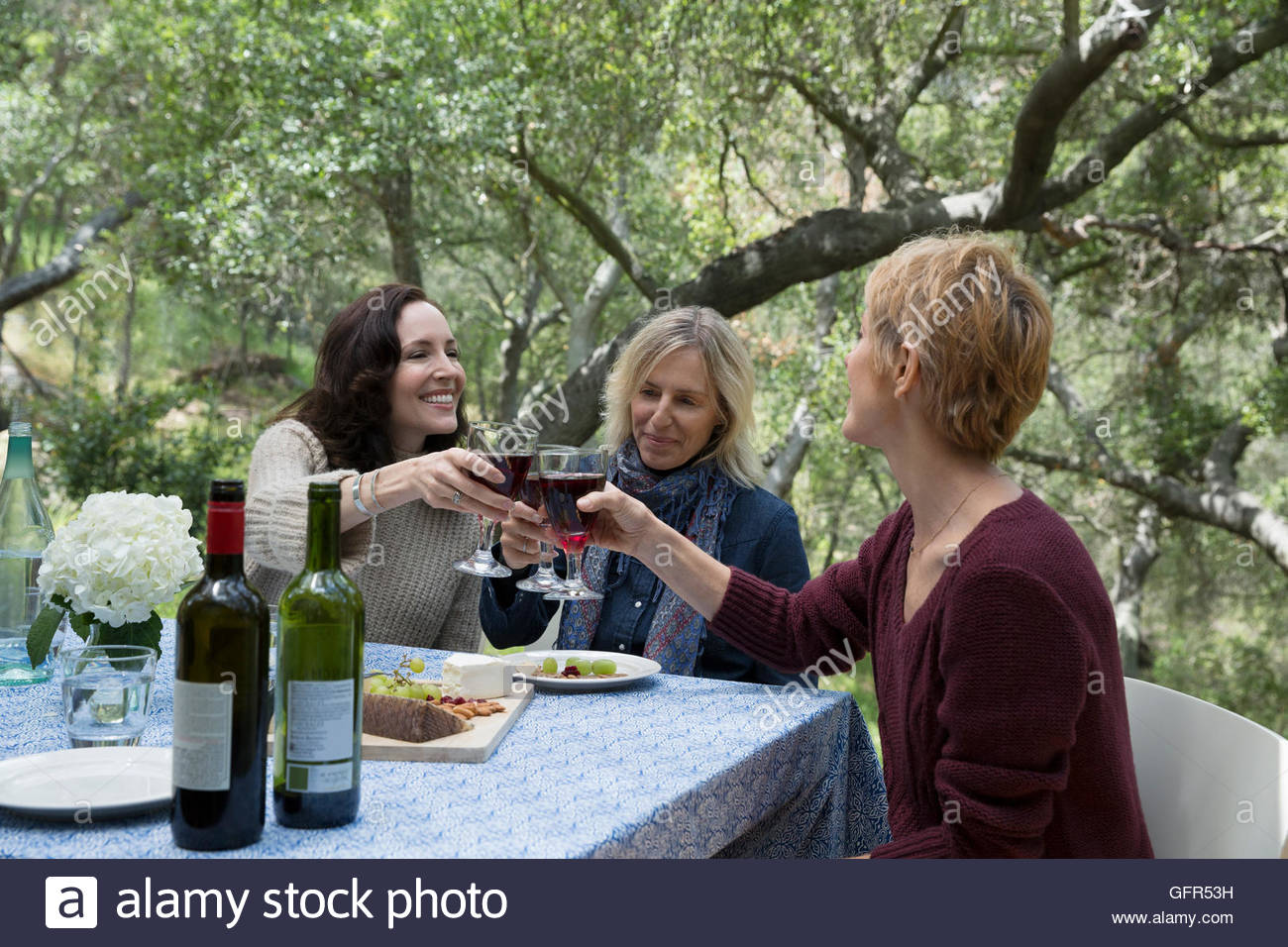 Las mujeres maduras tostado de copas de vino en la mesa del patio Foto de stock